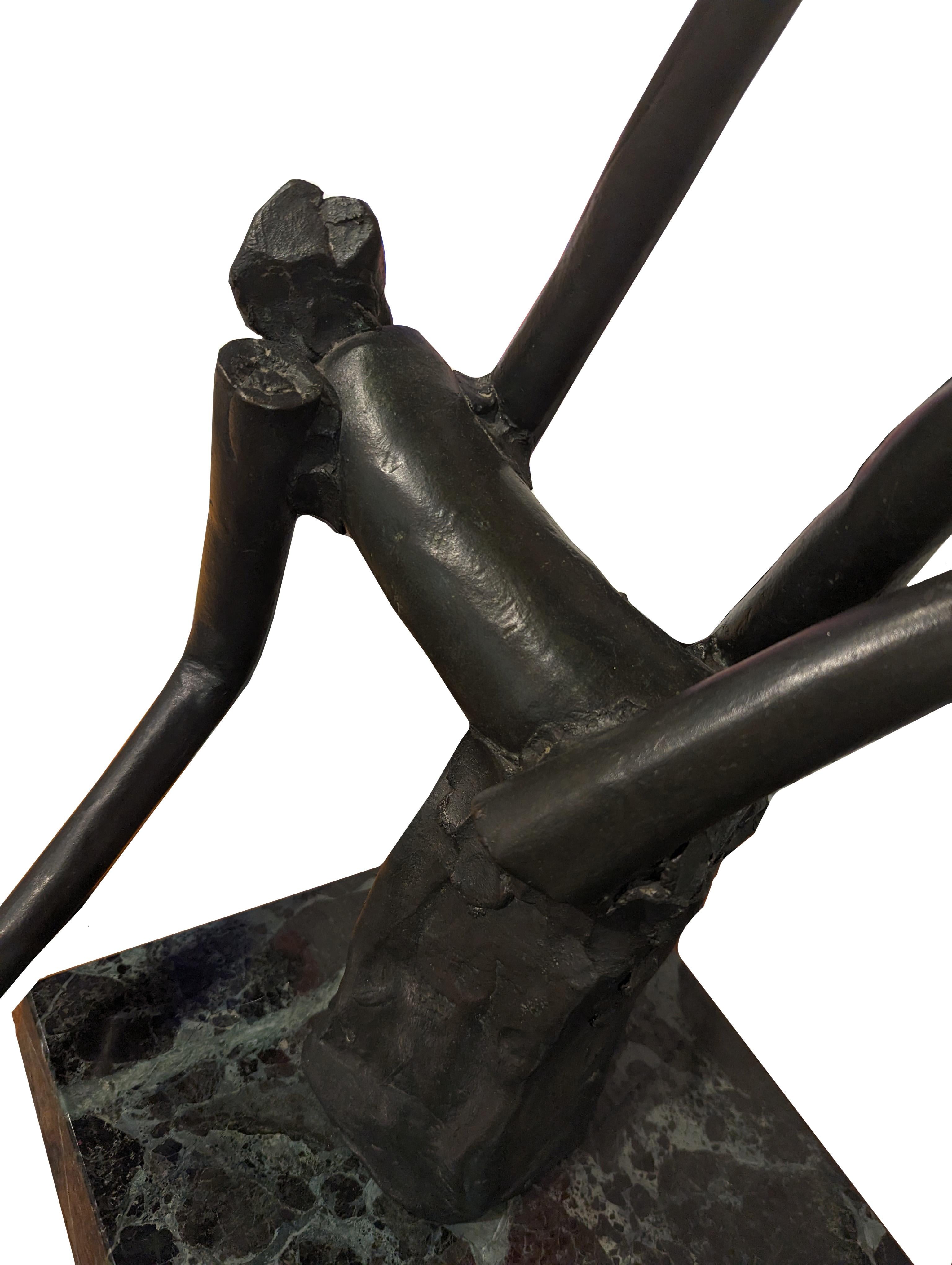 Modern abstract sculpture of a woman and goat by renowned artist Reuben Nakian. The work features a female nymph figure lying back as a goat figure approaches in Nakian's iconic blocky style. The bronze figures are attached to a green toned marble