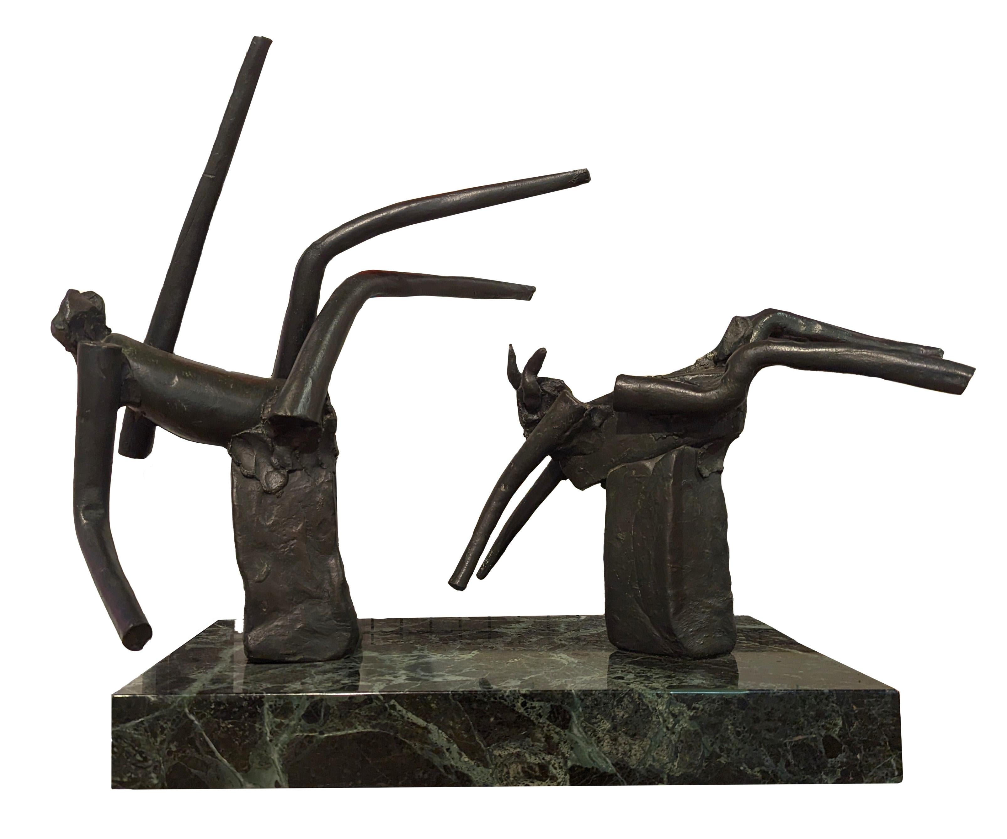 „Nymph and Goat“ Moderne abstrakte mythologische Skulptur aus Bronze und Marmor