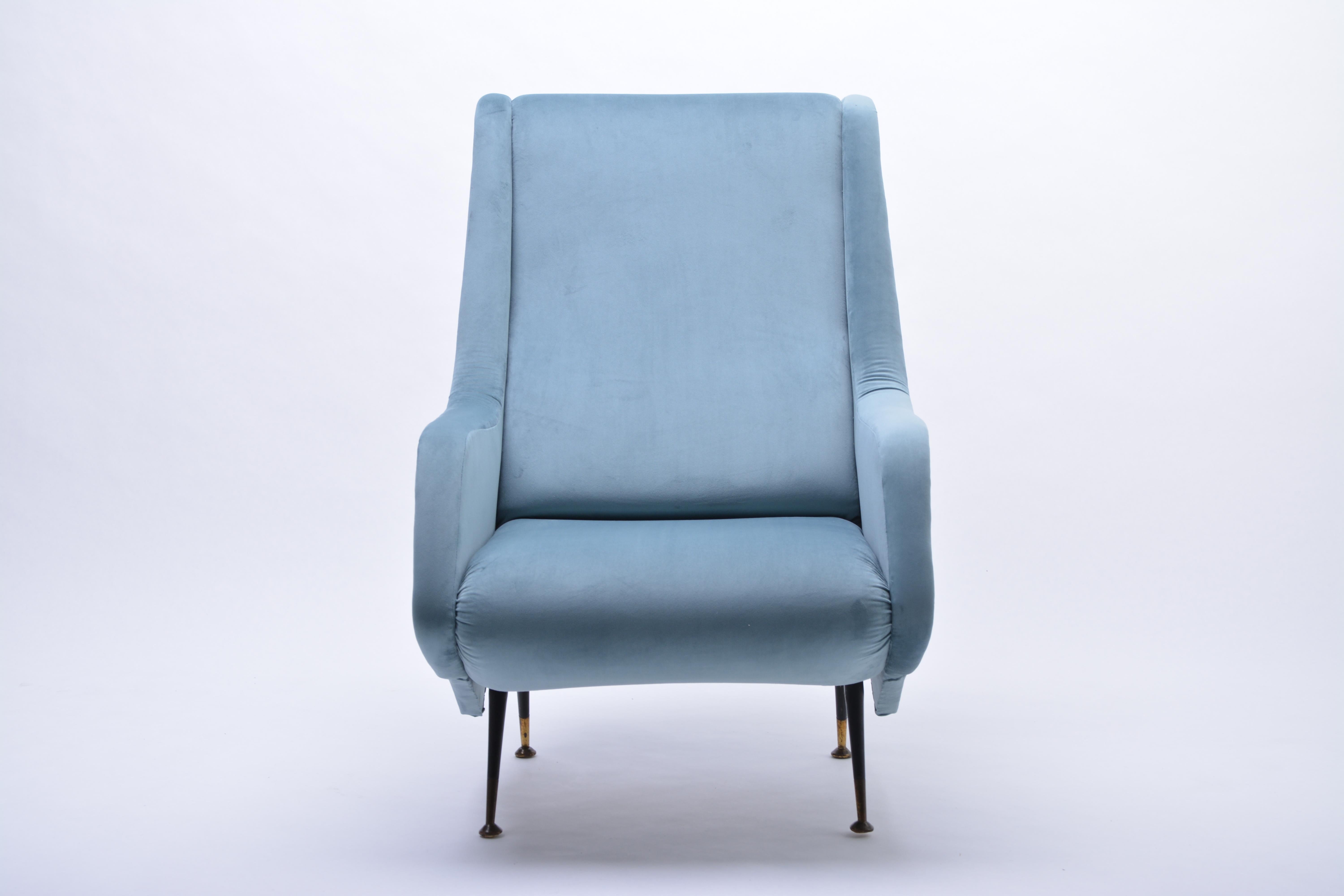 Mid-Century Modern Blue reupholstered Mid-Century Italian armchair in the style of Aldo Morbelli