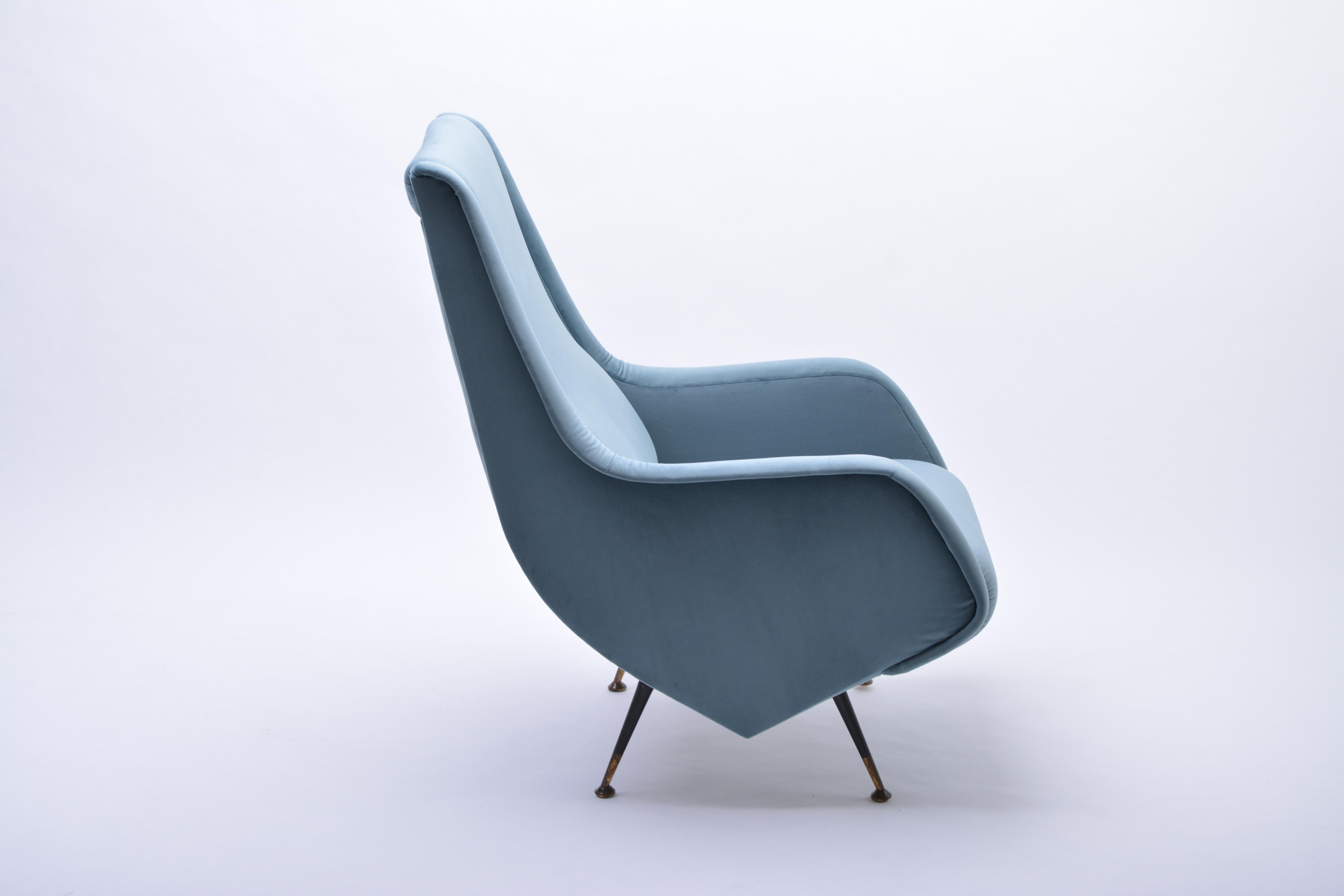 20th Century Blue reupholstered Mid-Century Italian armchair in the style of Aldo Morbelli