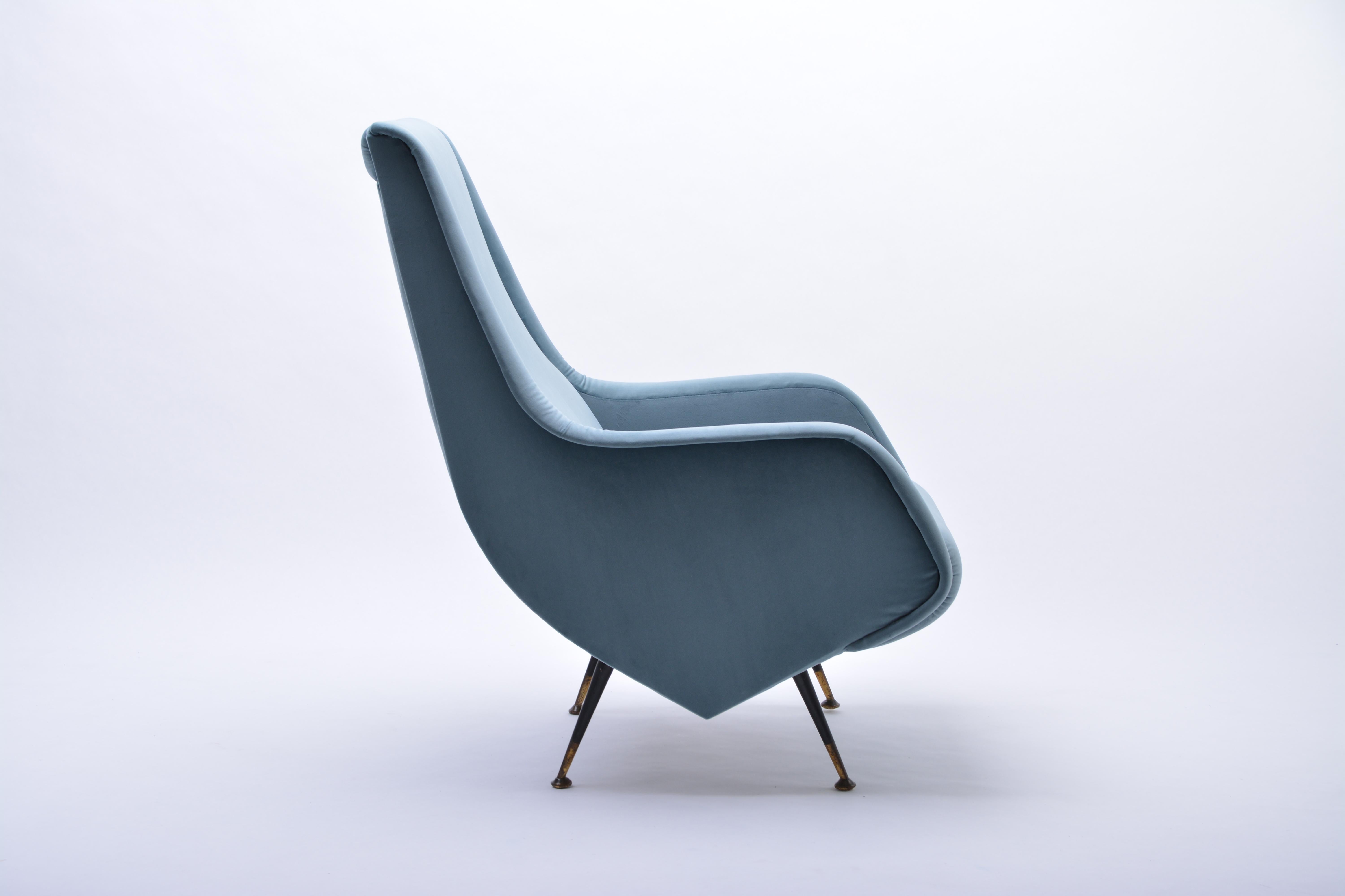 Fabric Blue reupholstered Mid-Century Italian armchair in the style of Aldo Morbelli