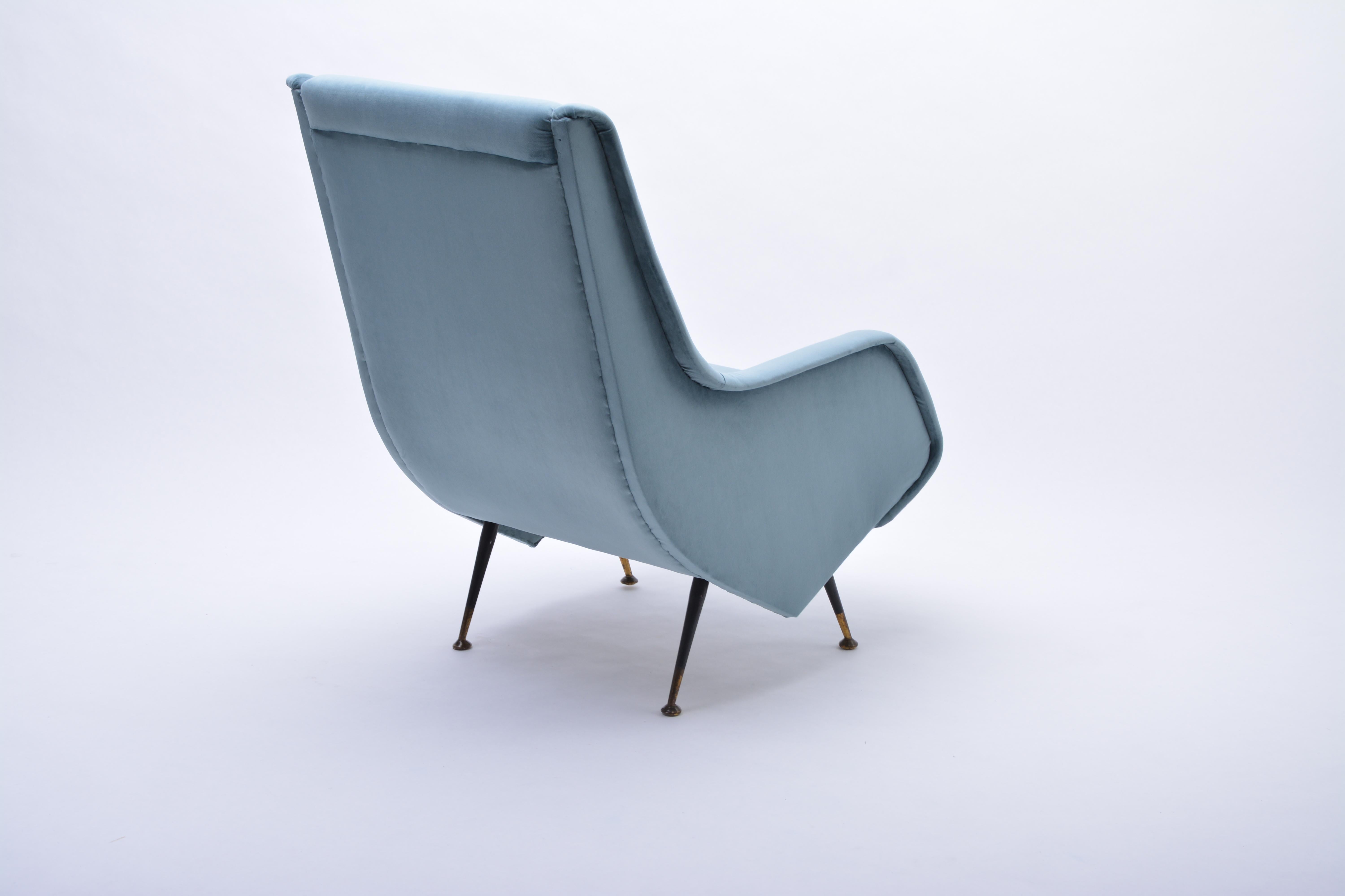 Blue reupholstered Mid-Century Italian armchair in the style of Aldo Morbelli 1