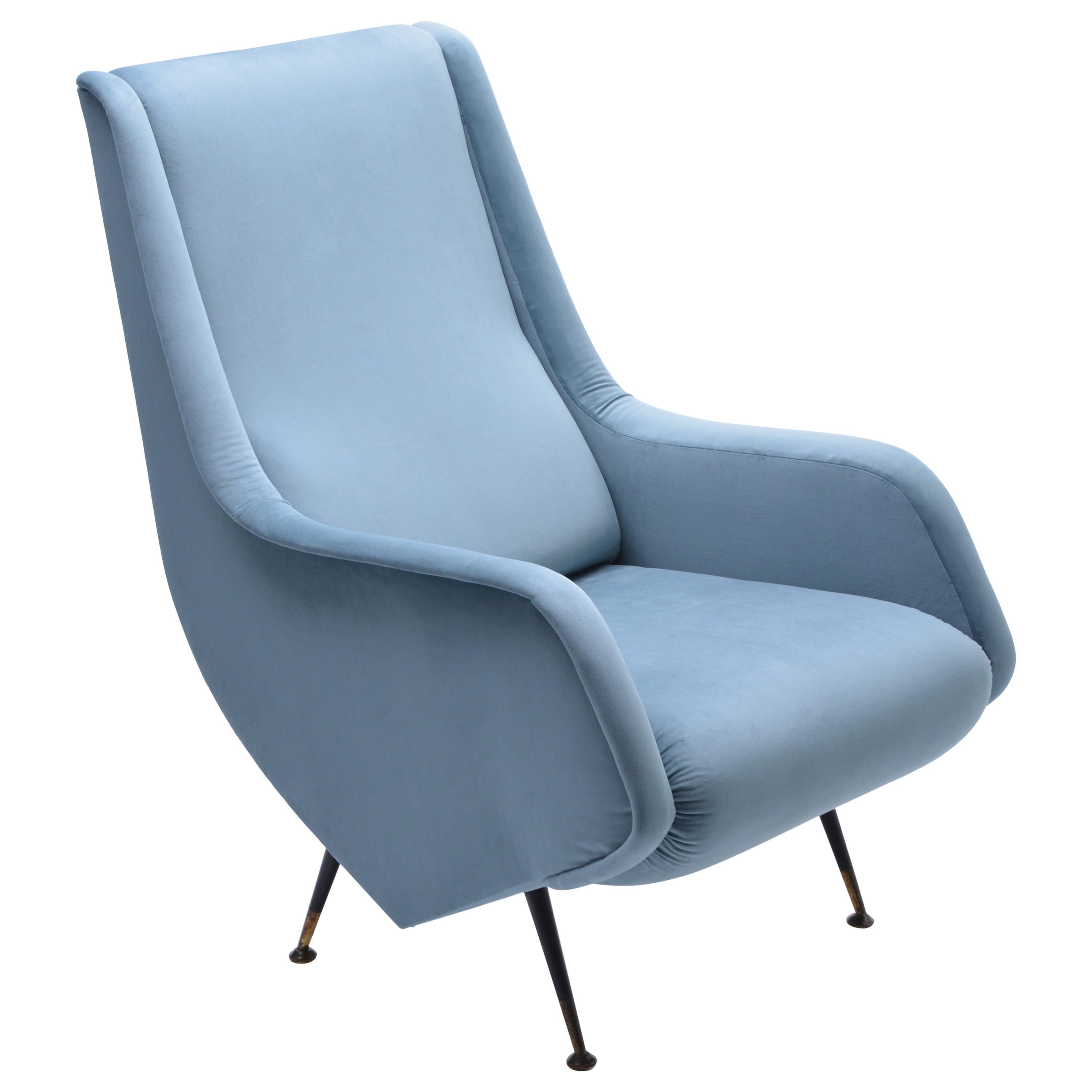 Blue reupholstered Mid-Century Italian armchair in the style of Aldo Morbelli