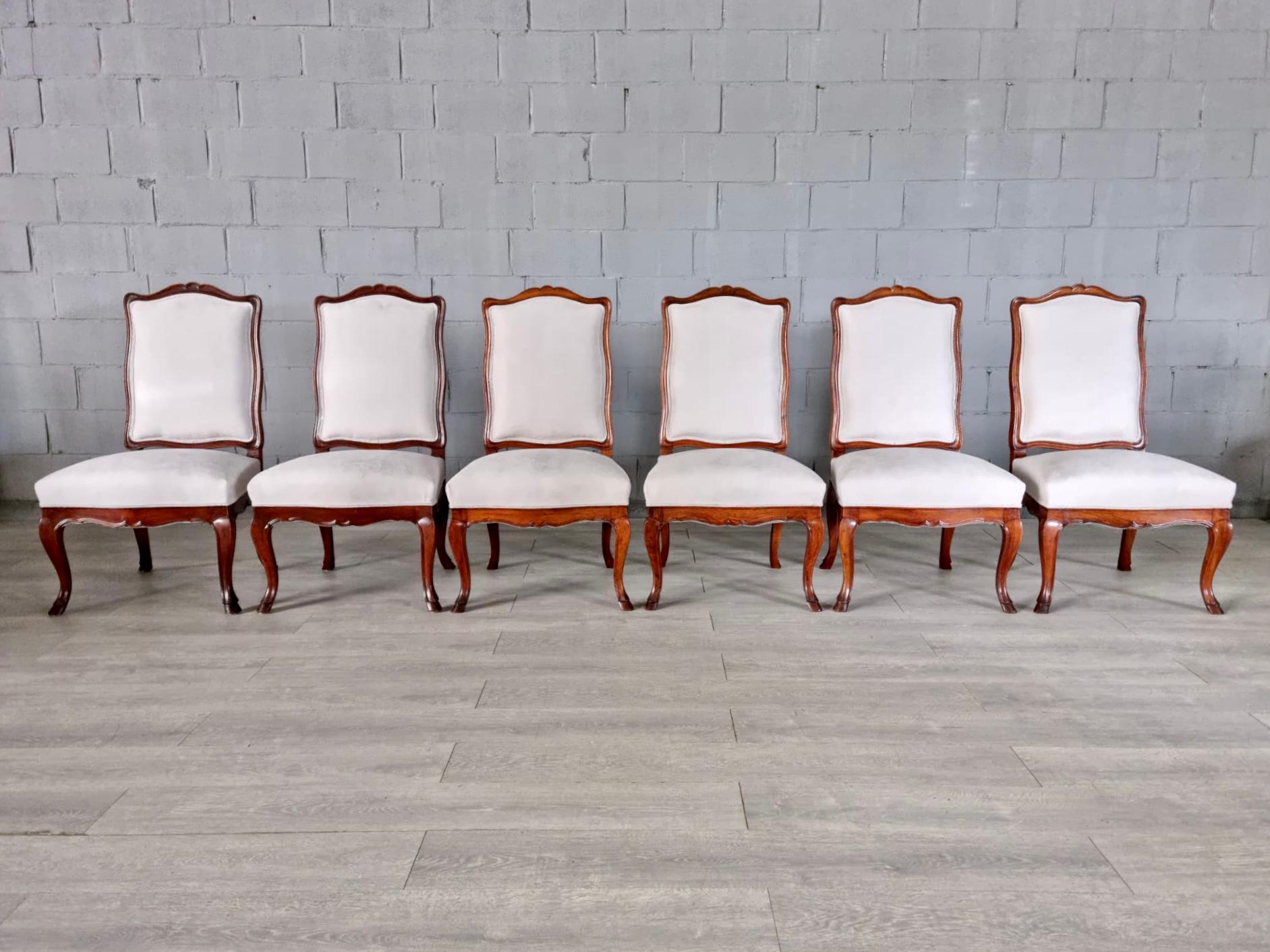 Fabric Reupholstered Antique French Louis XV Style Dining Chairs - Set of 6 For Sale