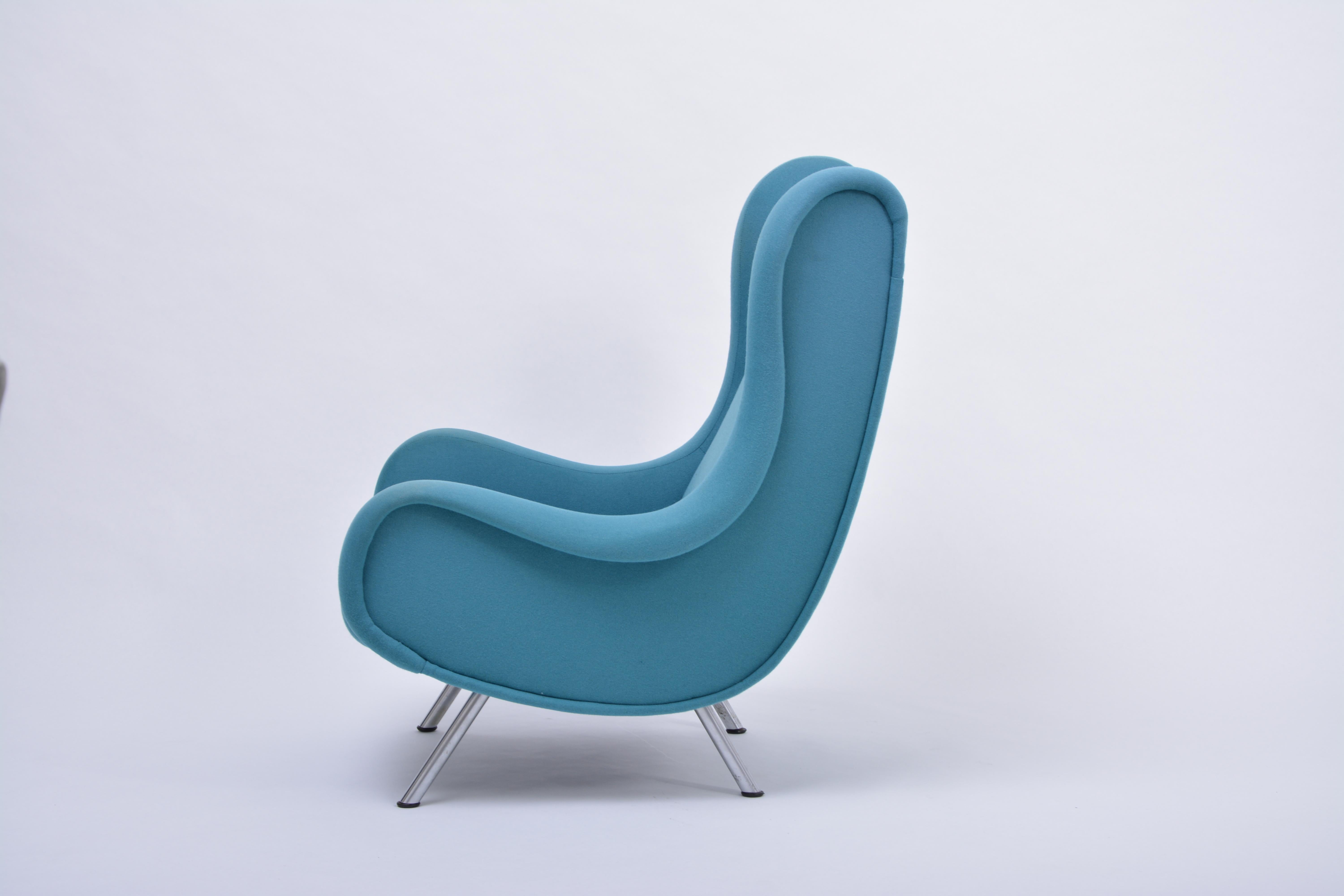 Metal Reupholstered Blue Mid-Century Modern Marco Zanuso Senior Lounge Chair For Sale