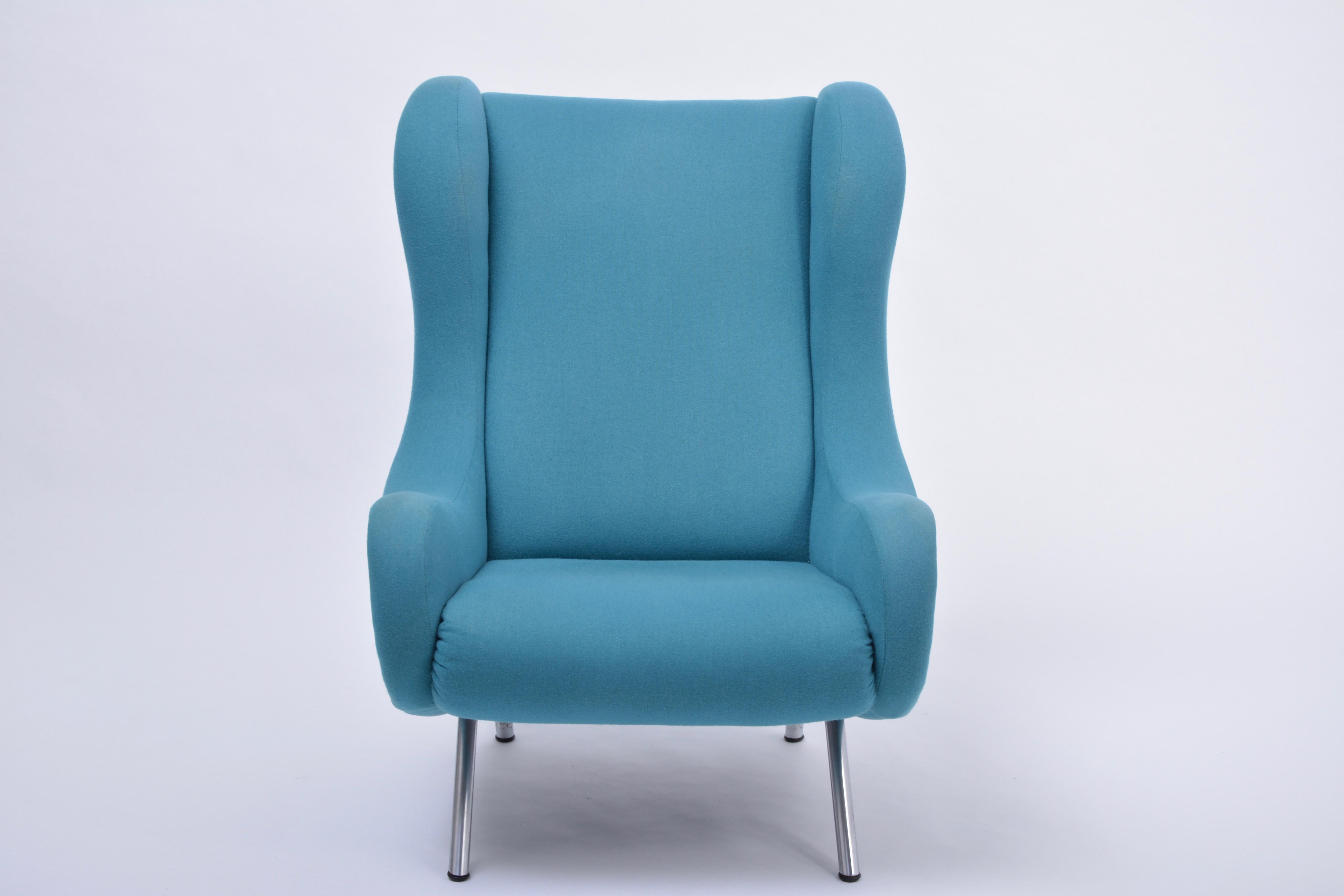 Reupholstered Blue Mid-Century Modern Marco Zanuso Senior Lounge Chair For Sale 1