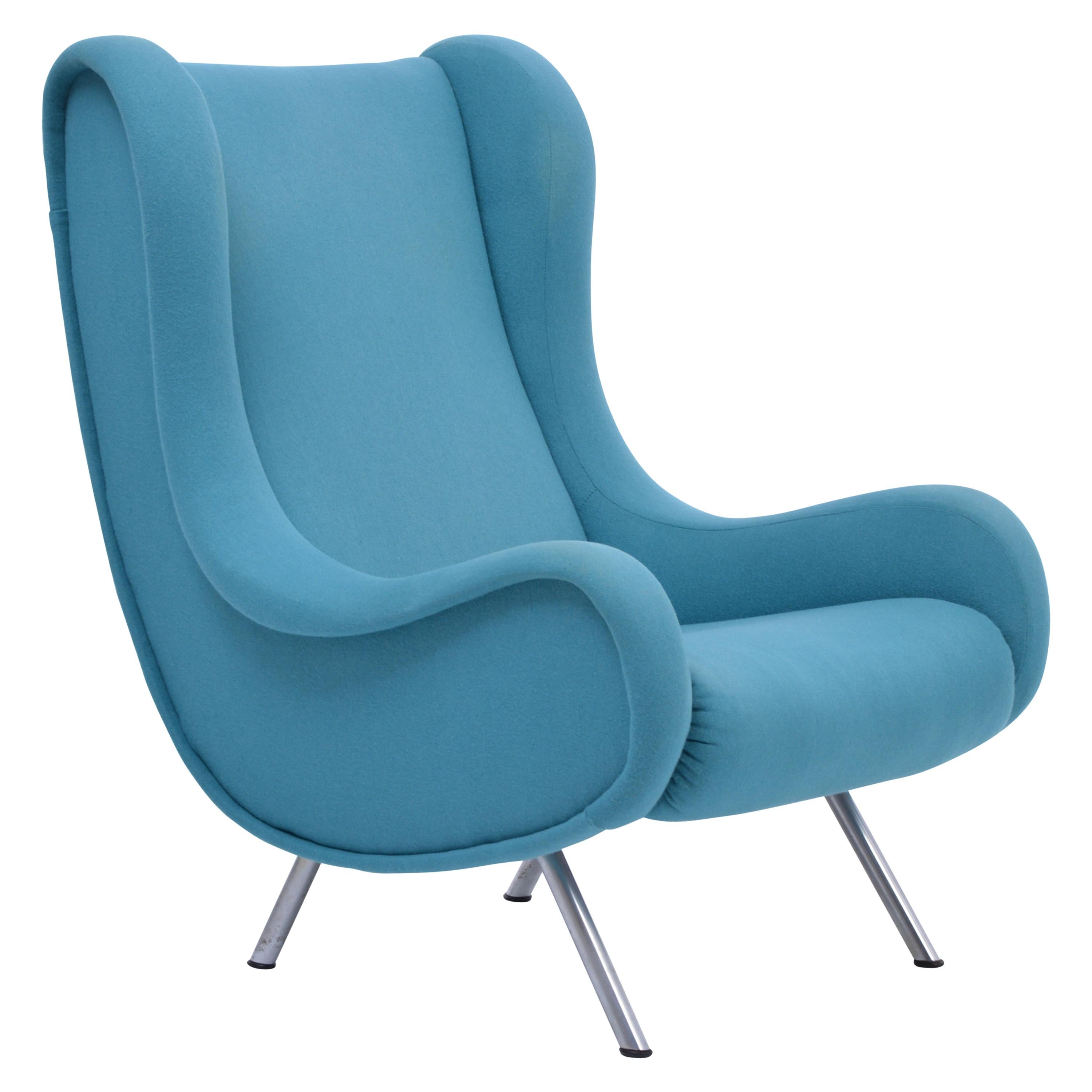 Reupholstered Blue Mid-Century Modern Marco Zanuso Senior Lounge Chair For Sale