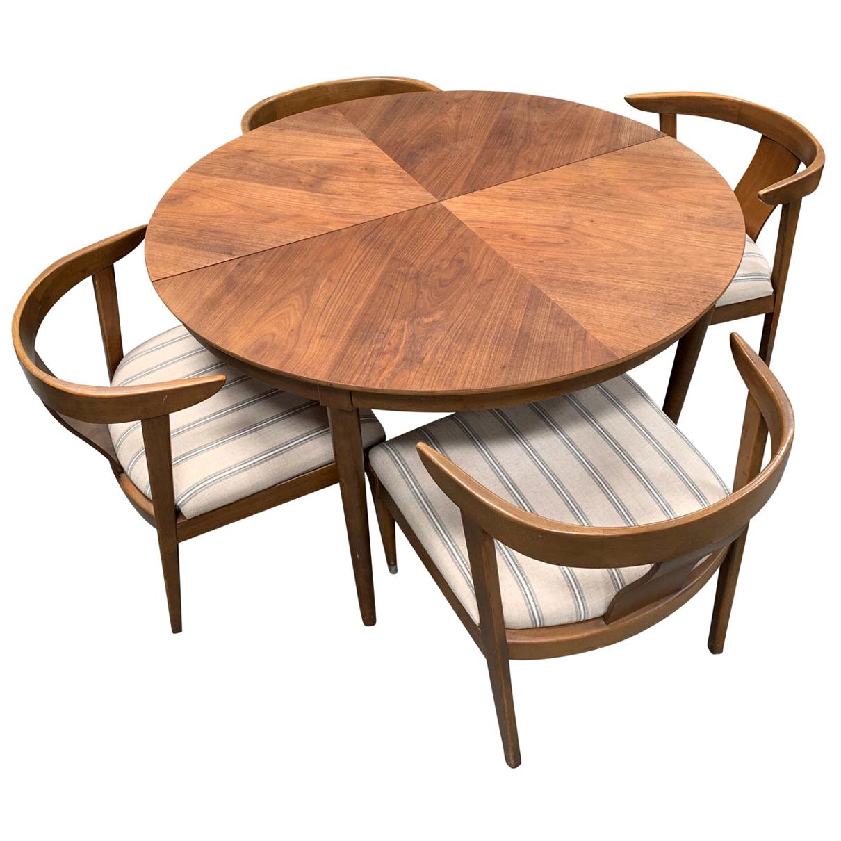 Round Walnut B.P. John Midcentury Dining Set with Reupholstered Chairs