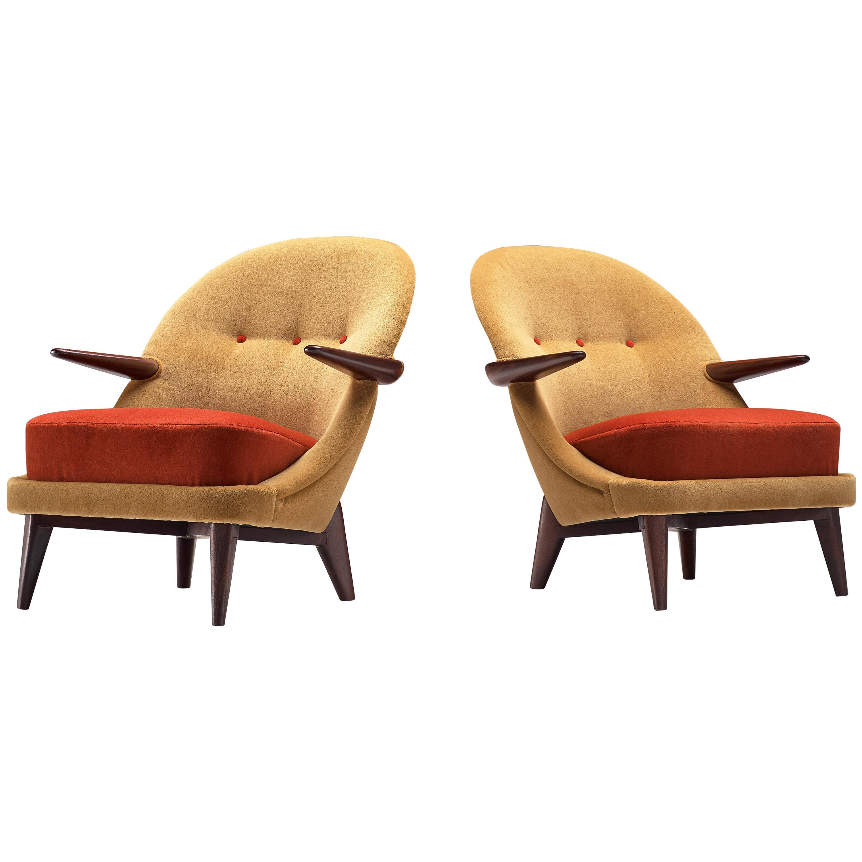 Reupholstered Danish Lounge Chairs in Golden and Red Dedar Fabric