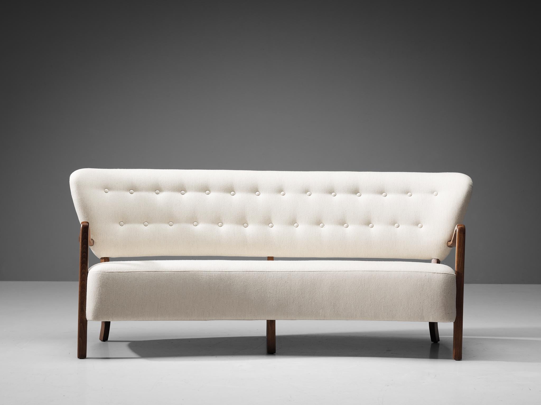 Stained Reupholstered Danish Sofa with Sculptural Frame and White Upholstery For Sale