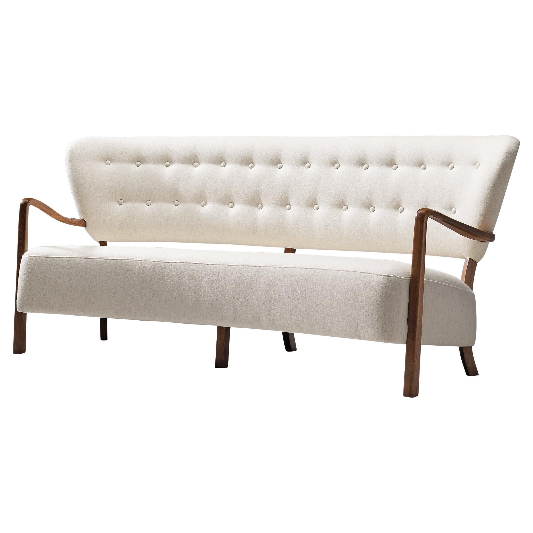 Reupholstered Danish Sofa with Sculptural Frame and White Upholstery For Sale