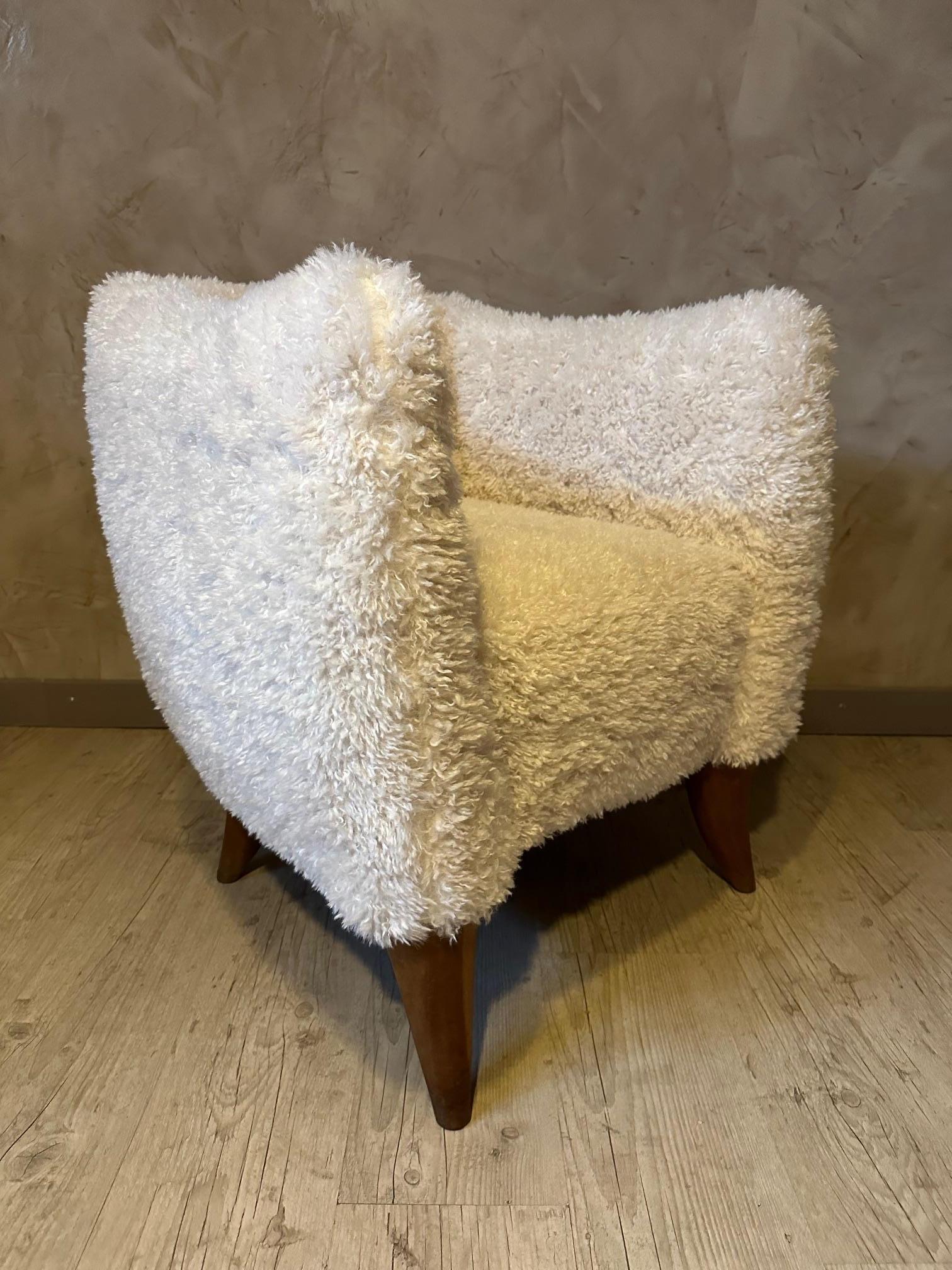 French Reupholstered Design Swann Armchair with Fluffy Fabric For Sale