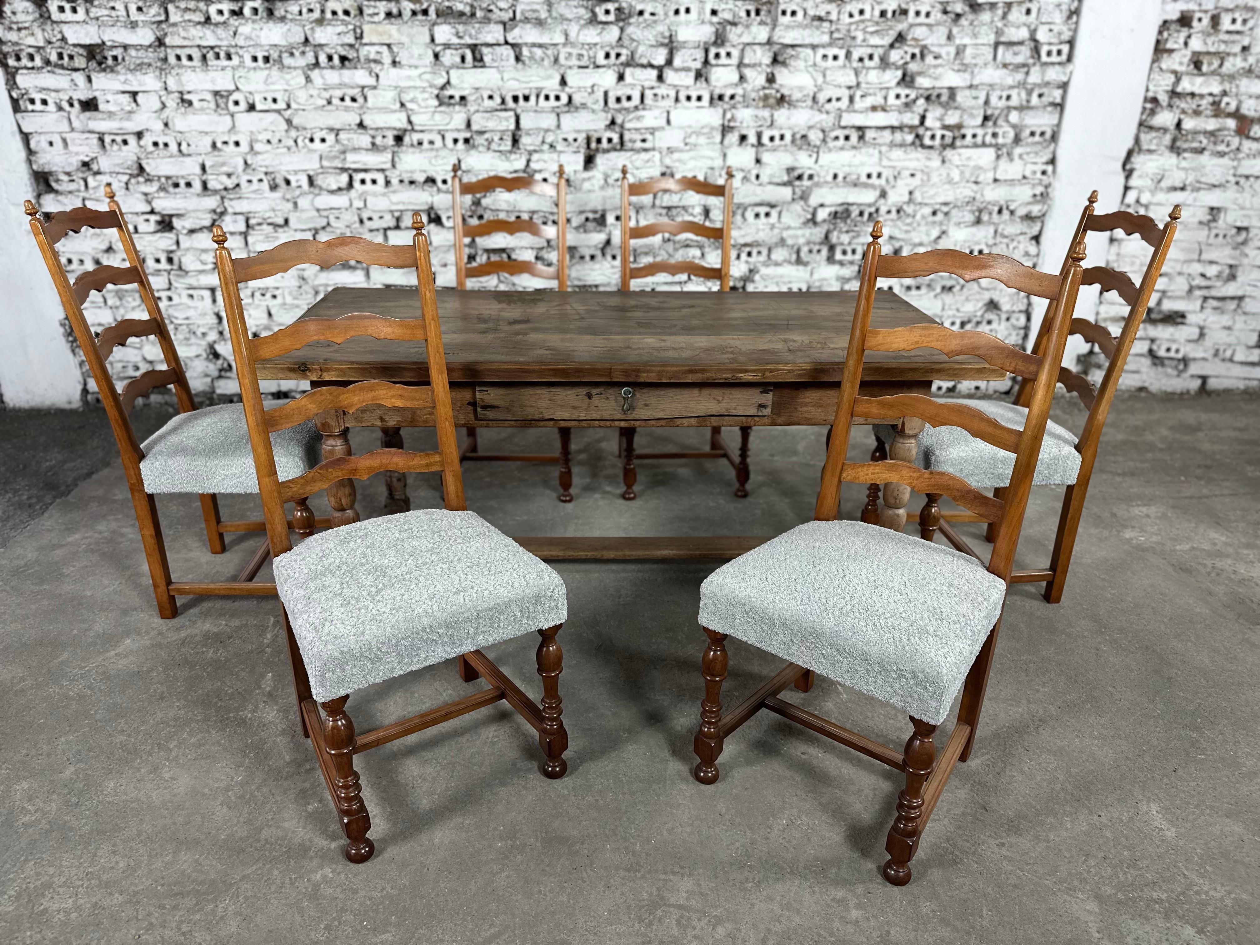 Fabric Reupholstered French Country Ladder Back Dining Chairs - Set of 6