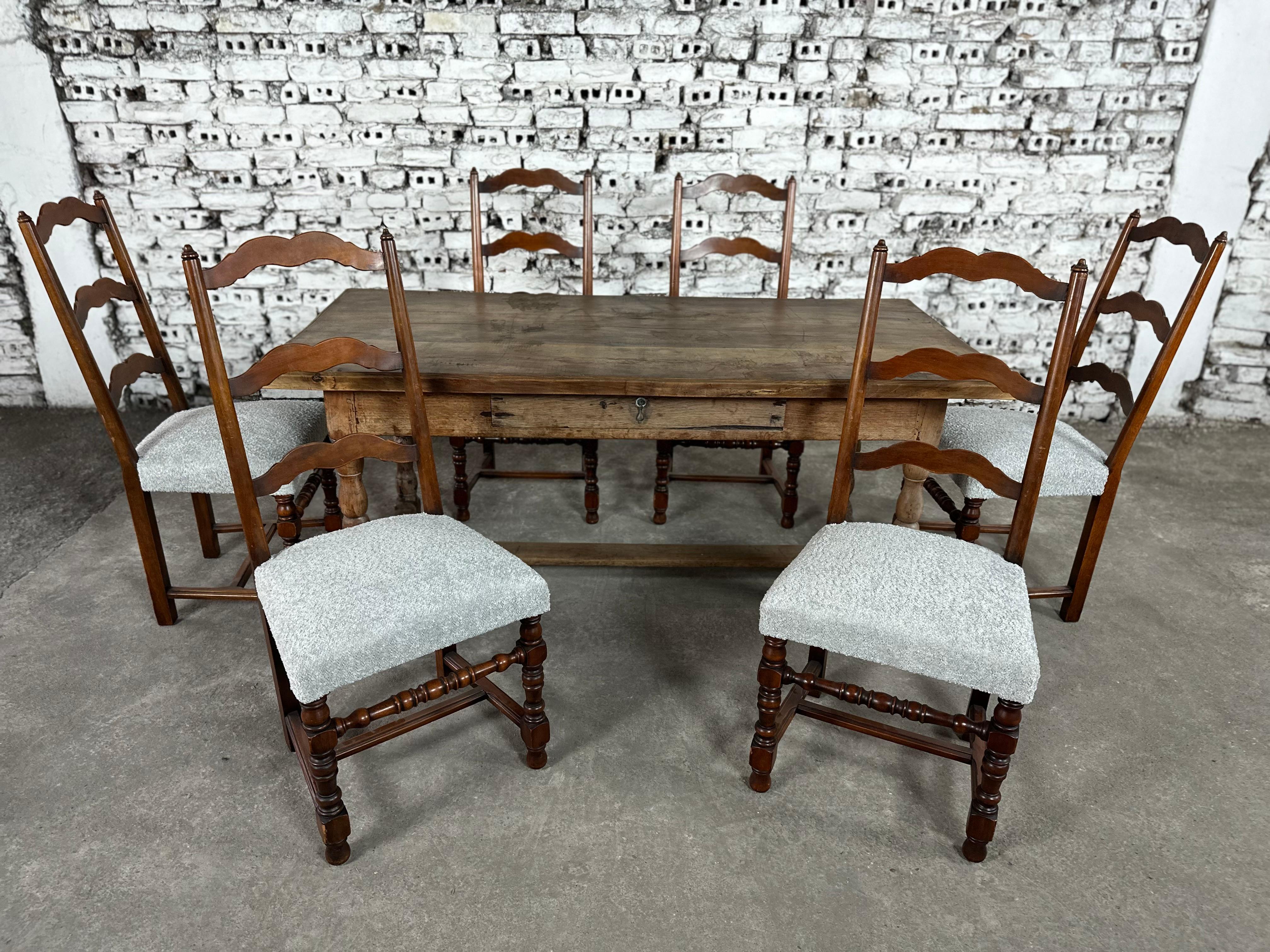 Fabric Reupholstered French Country Ladder Back Dining Chairs - Set of 6