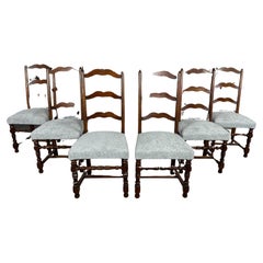 Antique Reupholstered French Country Ladder Back Dining Chairs - Set of 6