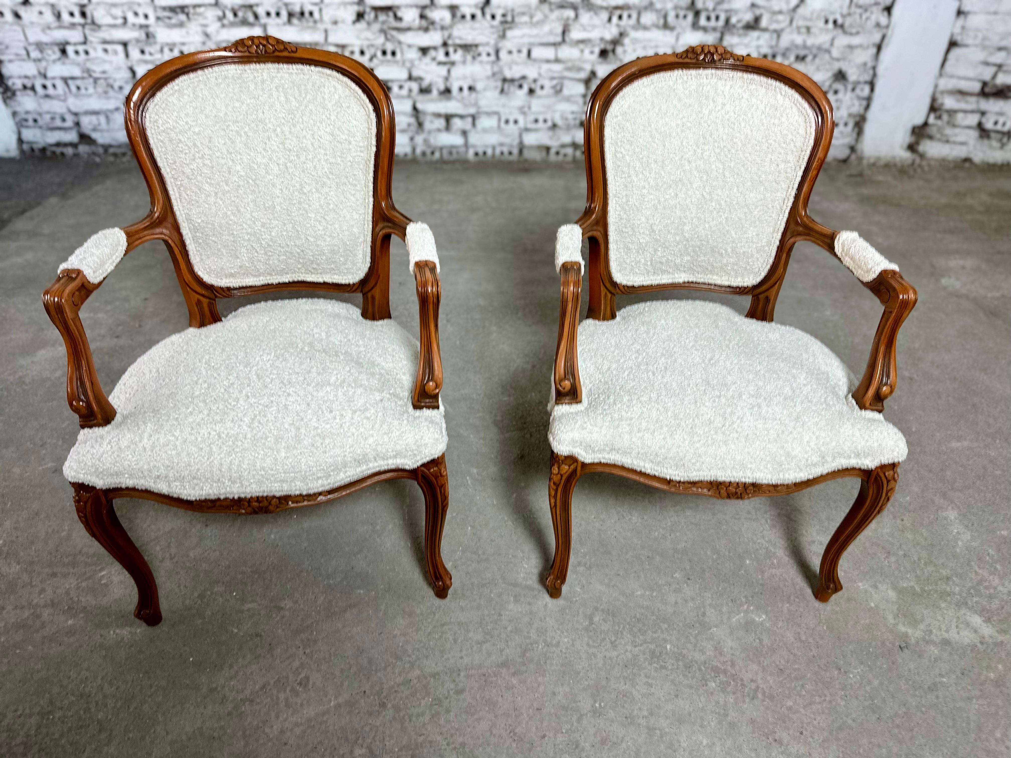 Bouclé Reupholstered French Louis XV Style Oak Armchairs - a Pair
