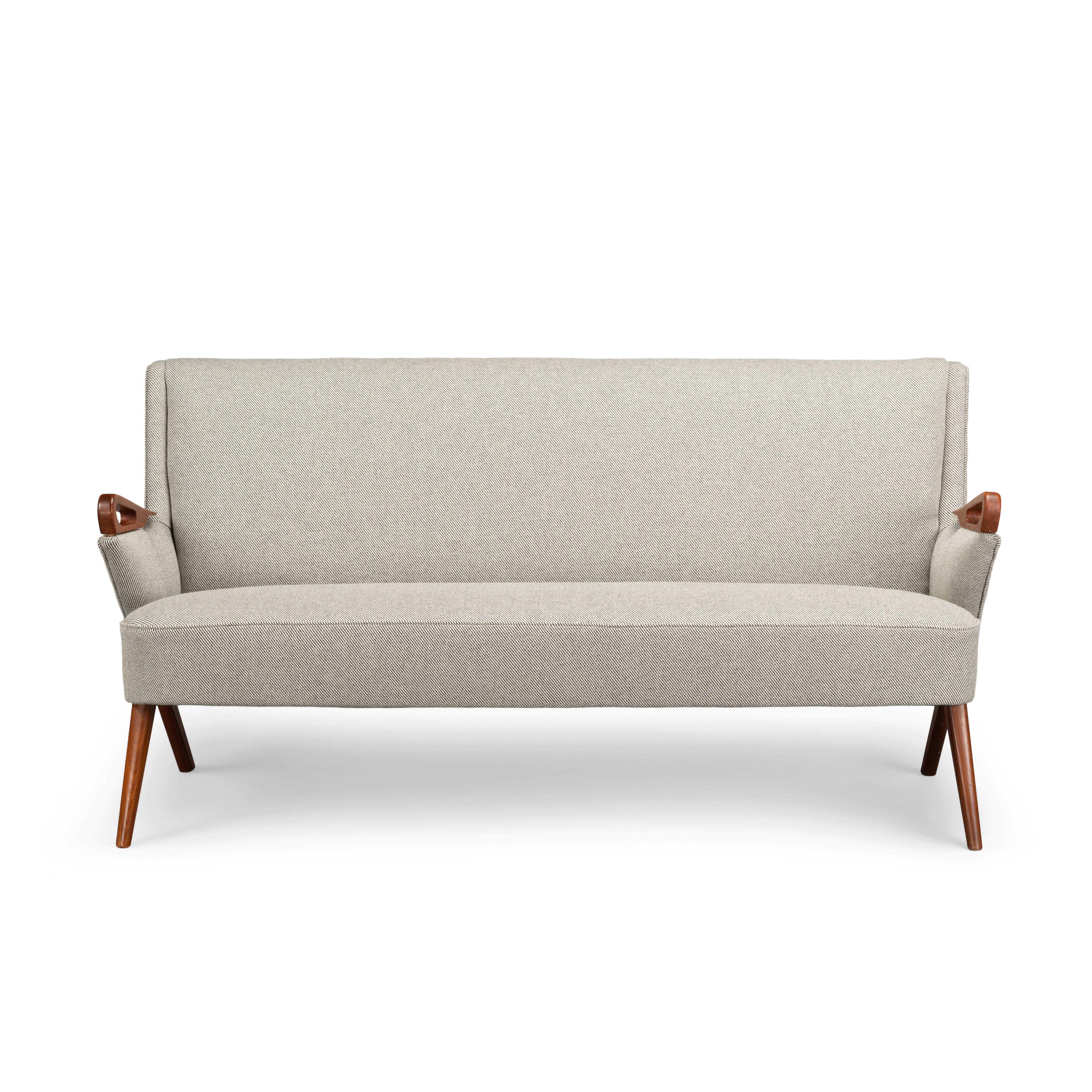 Mid-century designer 2-seat sofa by Chresten Findahl Brodersen. This sofa was made under design No. CFB52 in the Findahl Møbelfabrik in the mid 50s. This is as pure as mid-century quality in sofa form gets, beautiful lines and well crafted teak