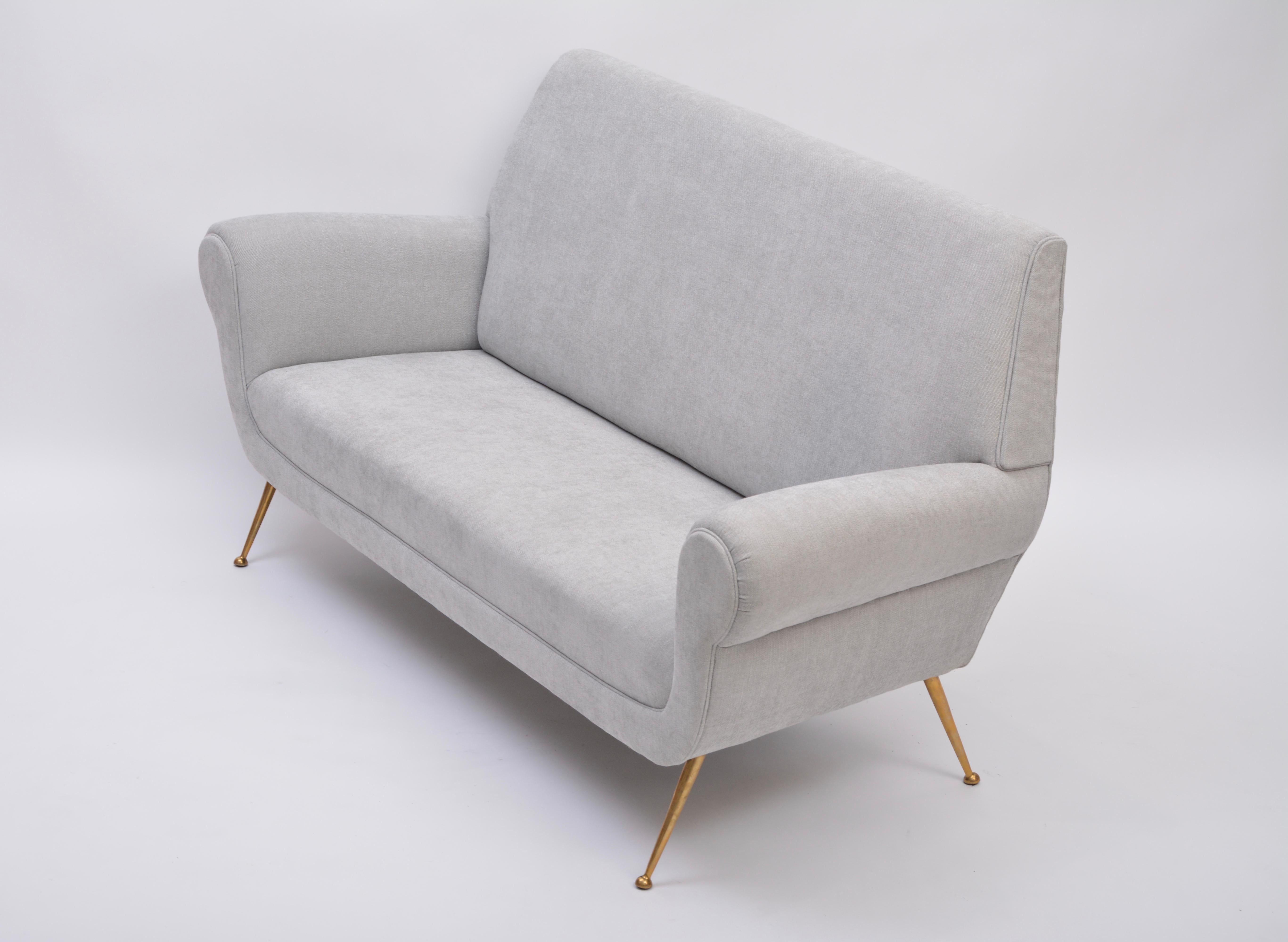 Brass Reupholstered Grey Italian Mid-Century Modern sofa by Gigi Radice for Minotti For Sale