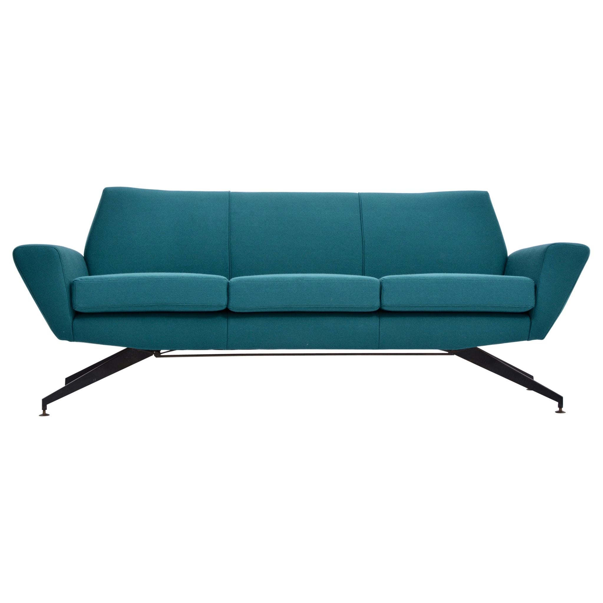 Reupholstered Italian Mid-Century Modern Sofa with Metal Base by Lenzi