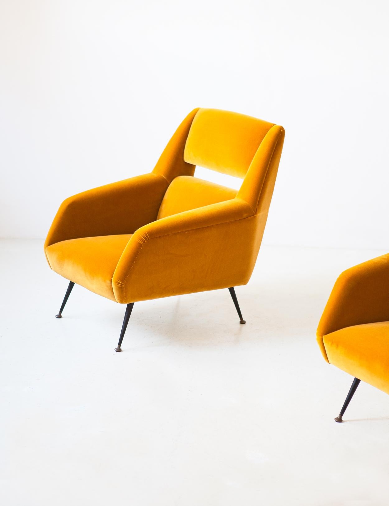 Mid-Century Modern Reupholstered Italian Senape Yellow Velvet Lounge Chairs by Gigi Radice