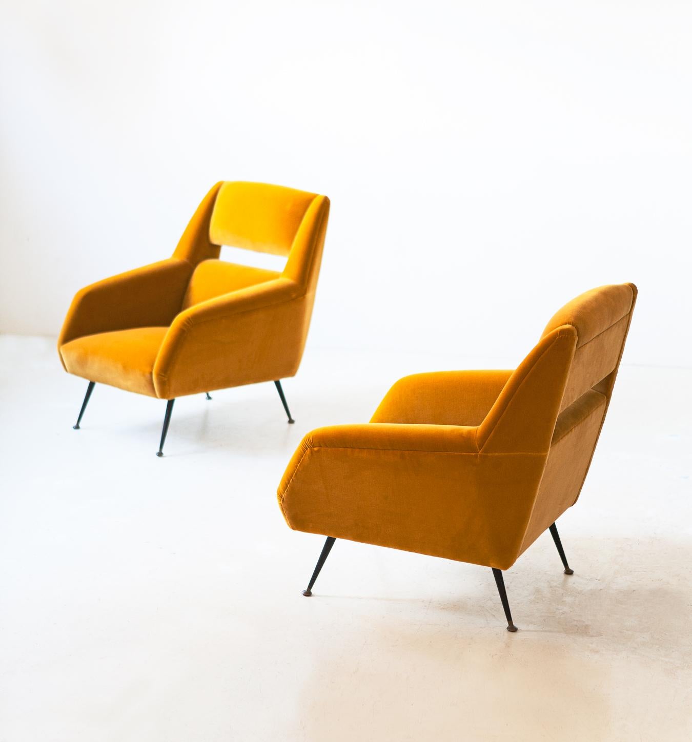 Brass Reupholstered Italian Senape Yellow Velvet Lounge Chairs by Gigi Radice