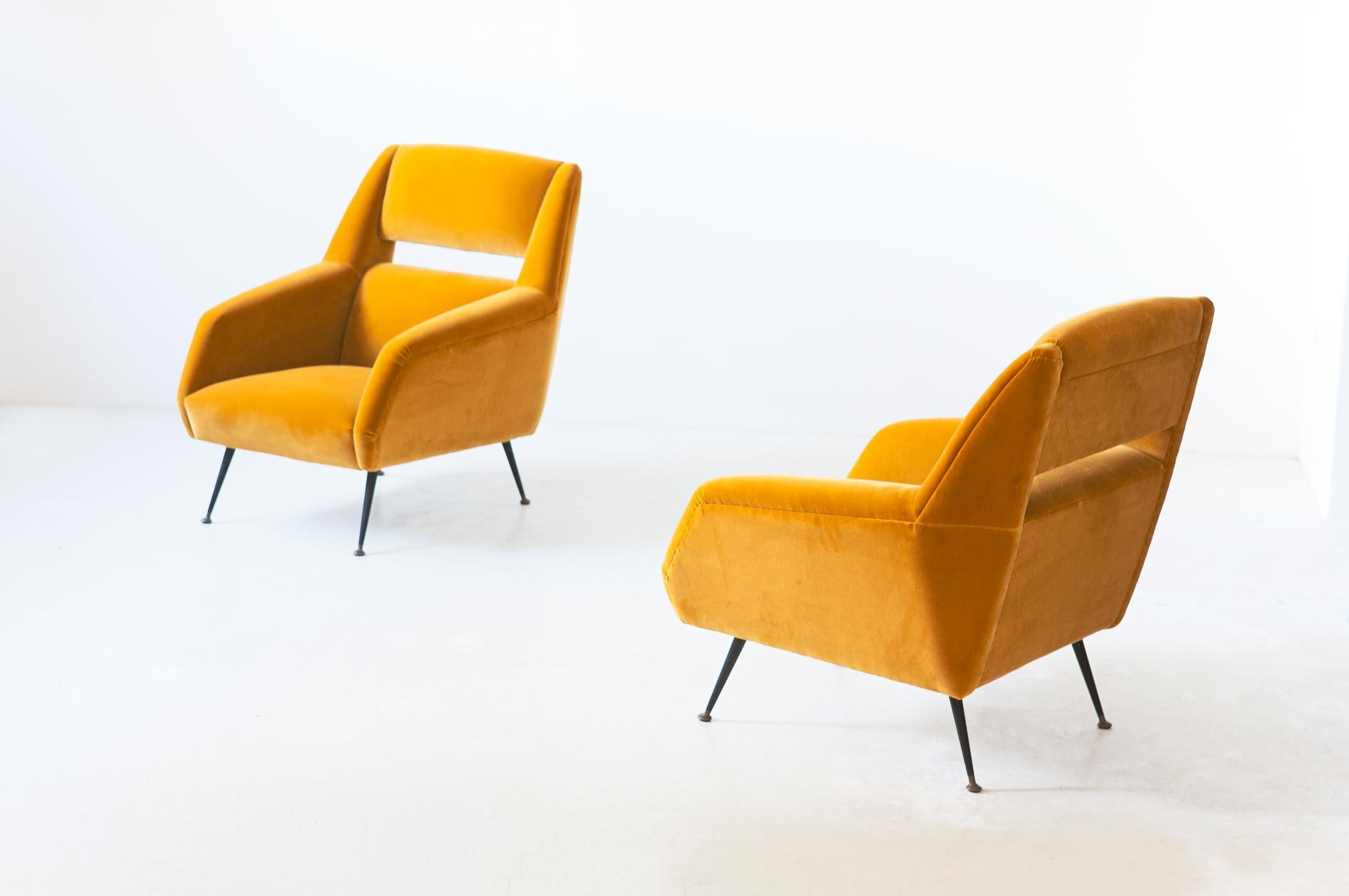 Reupholstered Italian Senape Yellow Velvet Lounge Chairs by Gigi Radice 1