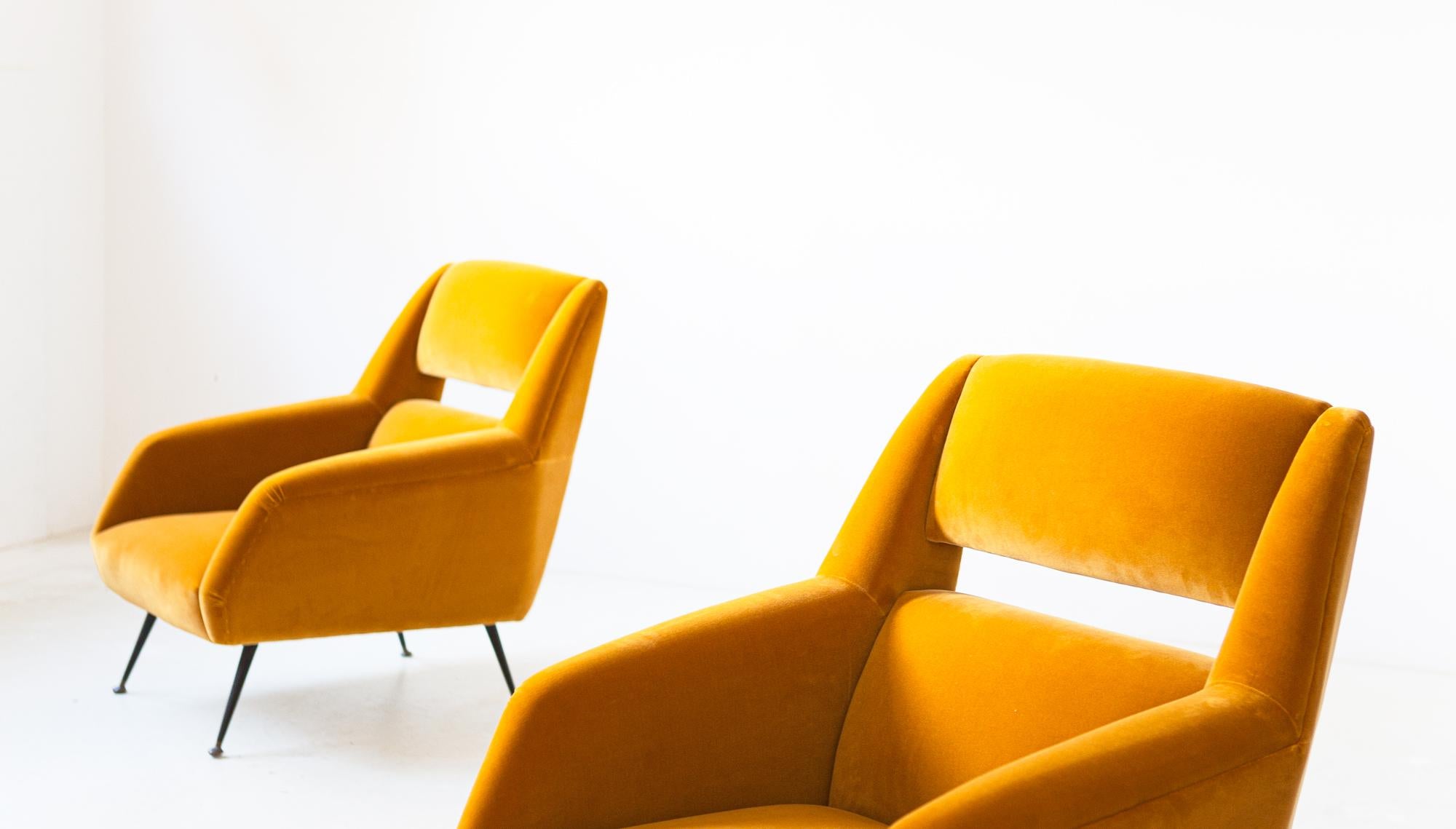 Reupholstered Italian Senape Yellow Velvet Lounge Chairs by Gigi Radice 2