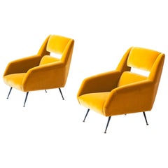 Reupholstered Italian Senape Yellow Velvet Lounge Chairs by Gigi Radice