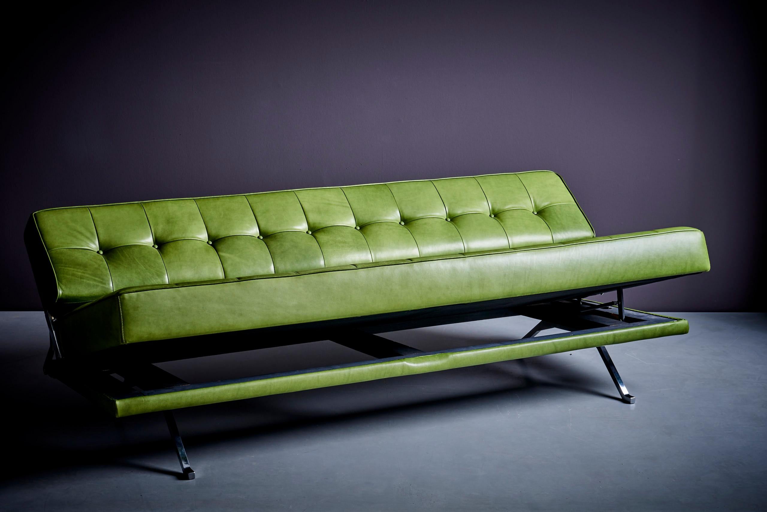 Excellent Johannes Spalt 'Constanze' daybed or sofa for Wittmann, Austria, 1960s. Newly upholstered in green Camo Leather. The pulled out version of the sofa measures 108cm in depth.