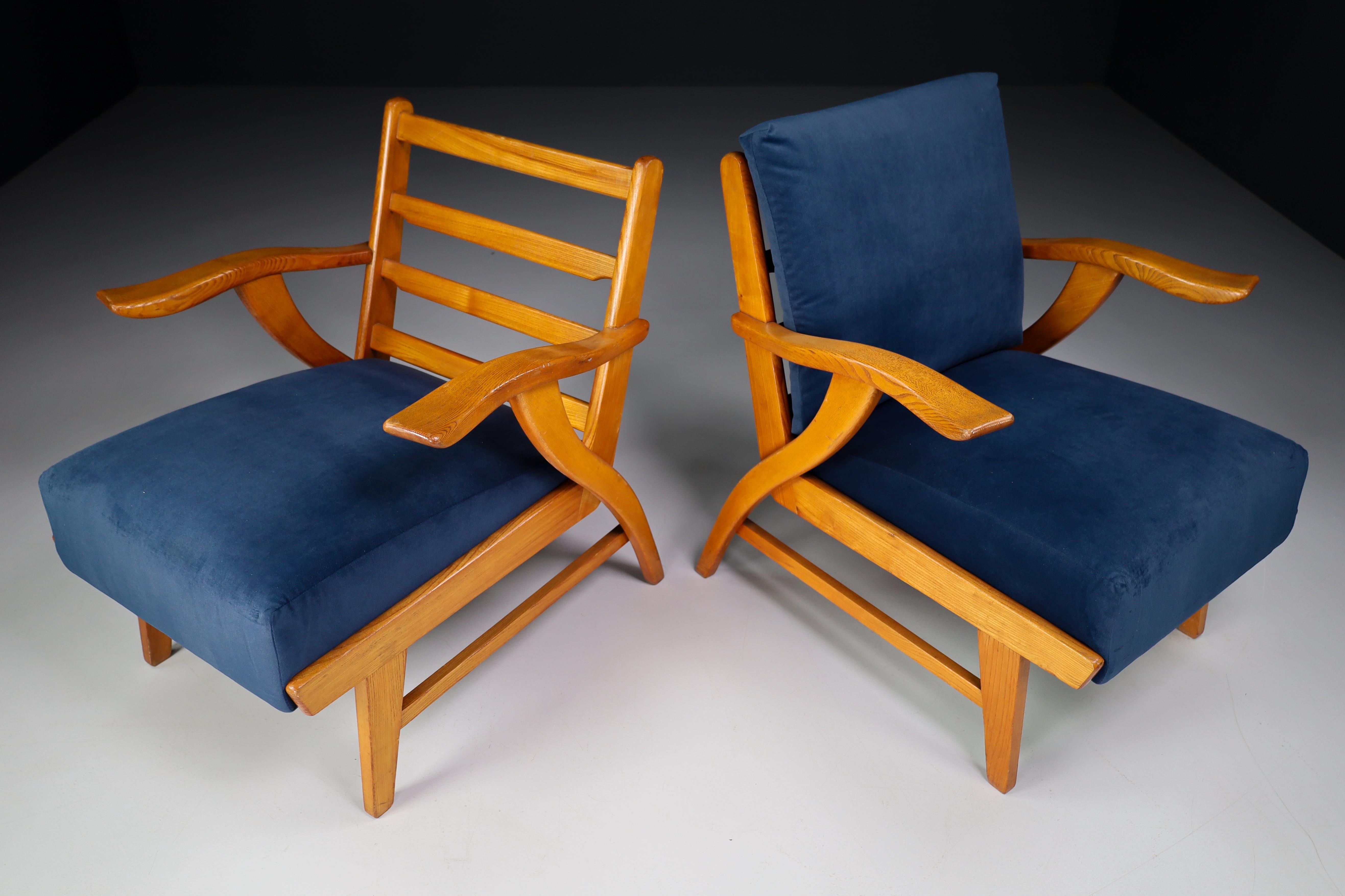 Mid-Century Modern Reupholstered Lounge Chairs with Sculptural Ash Wooden Frame France, 1960s