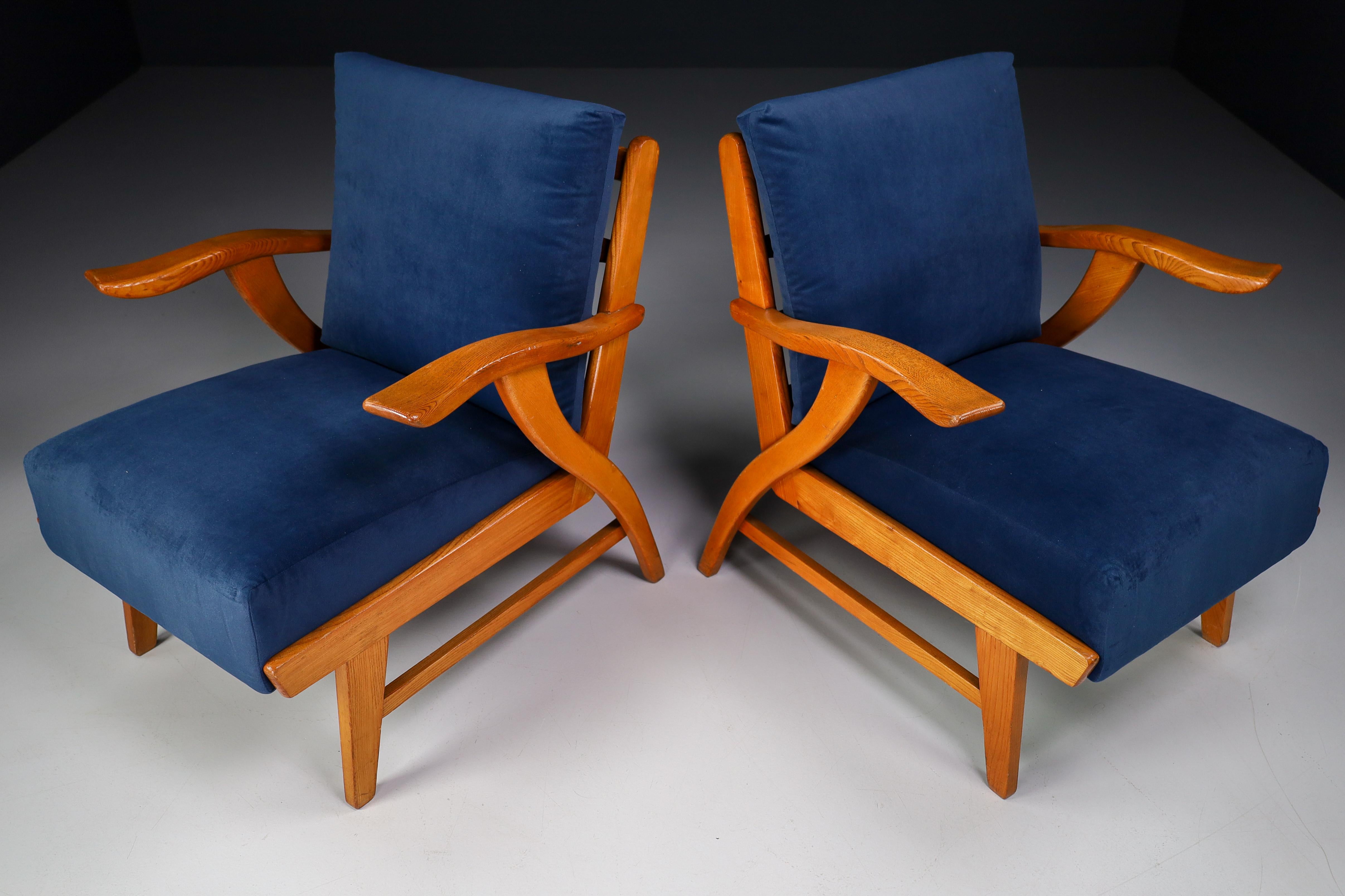 French Reupholstered Lounge Chairs with Sculptural Ash Wooden Frame France, 1960s