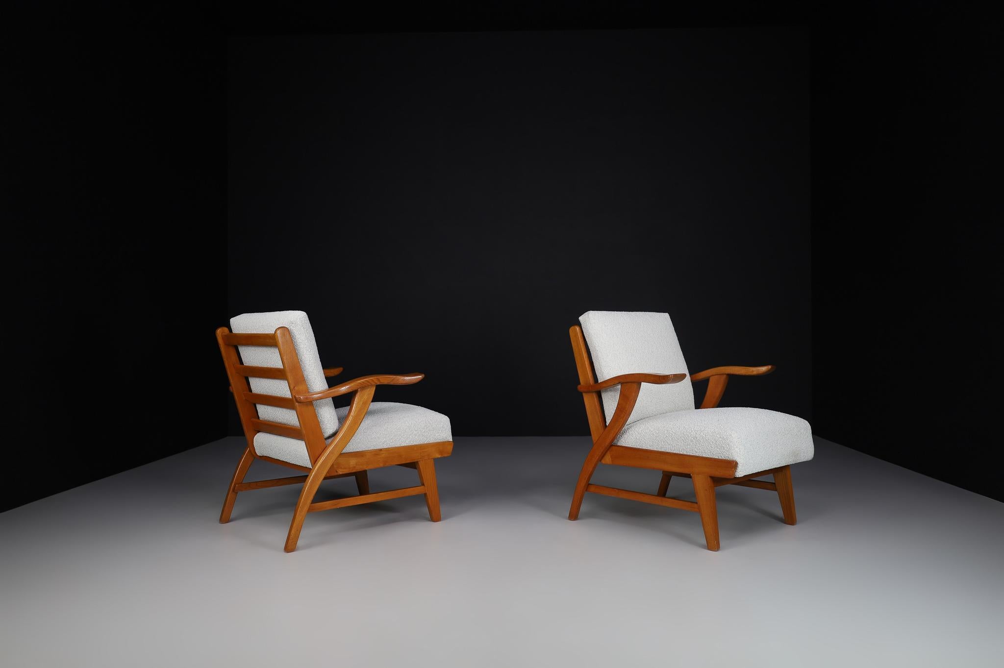 Mid-20th Century Reupholstered Lounge Chairs with Sculptural Ash Wooden Frame France, 1960s For Sale