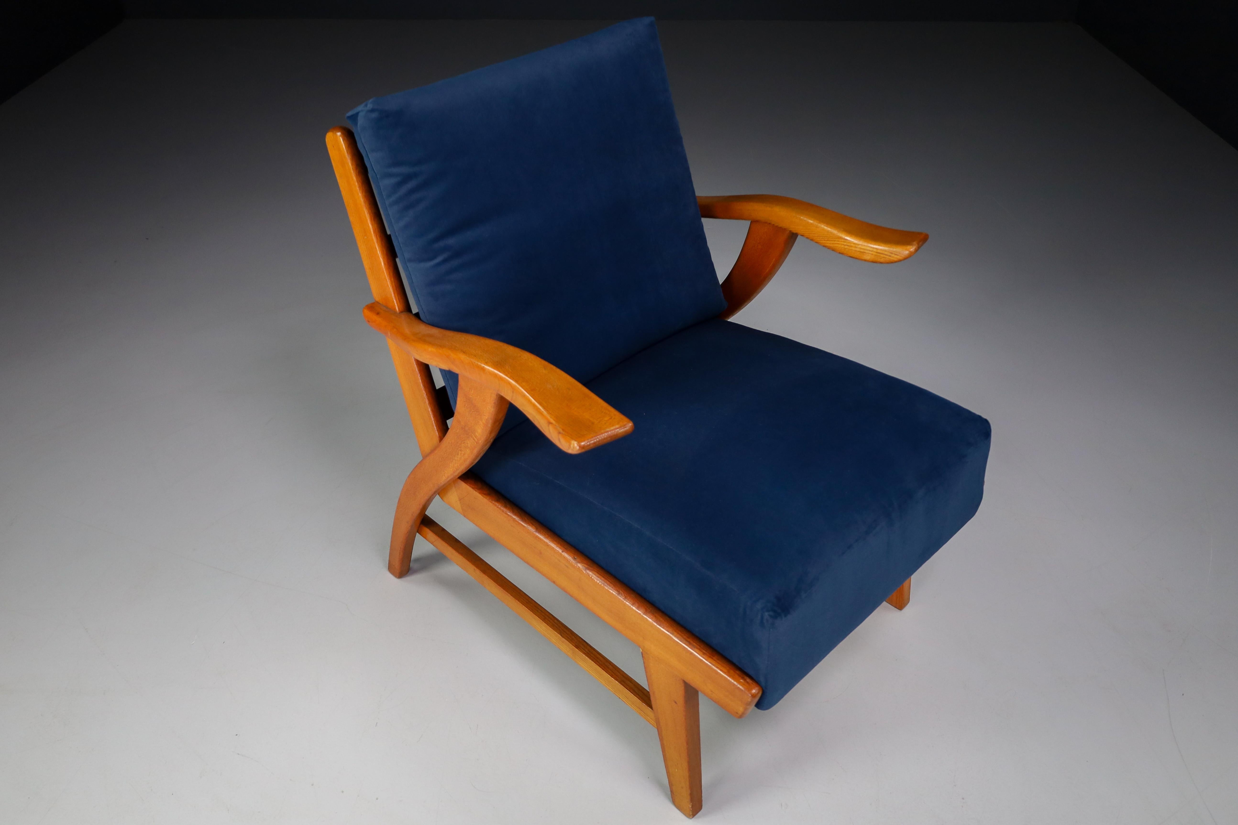 Fabric Reupholstered Lounge Chairs with Sculptural Ash Wooden Frame France, 1960s