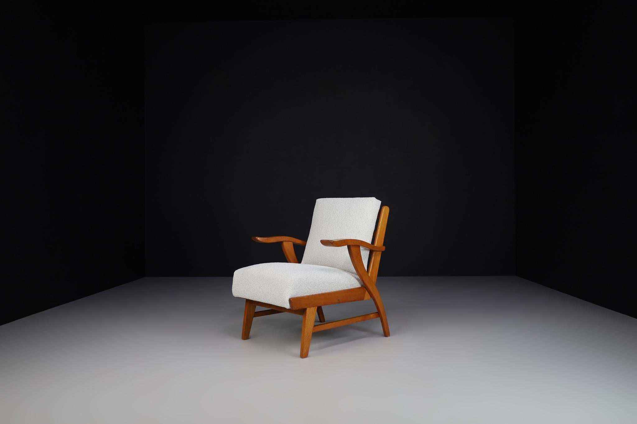 Fabric Reupholstered Lounge Chairs with Sculptural Ash Wooden Frame France, 1960s