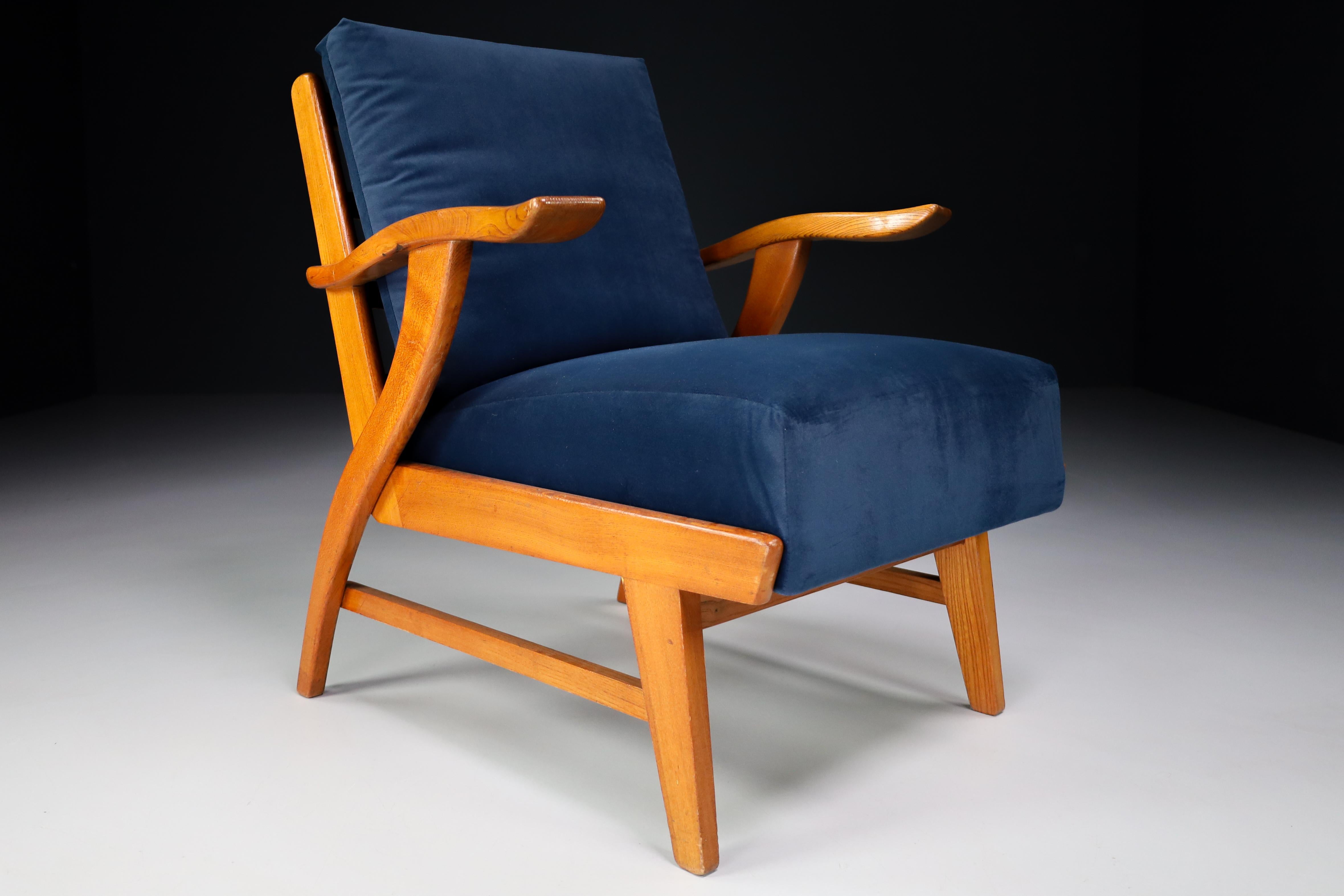 Reupholstered Lounge Chairs with Sculptural Ash Wooden Frame France, 1960s 2