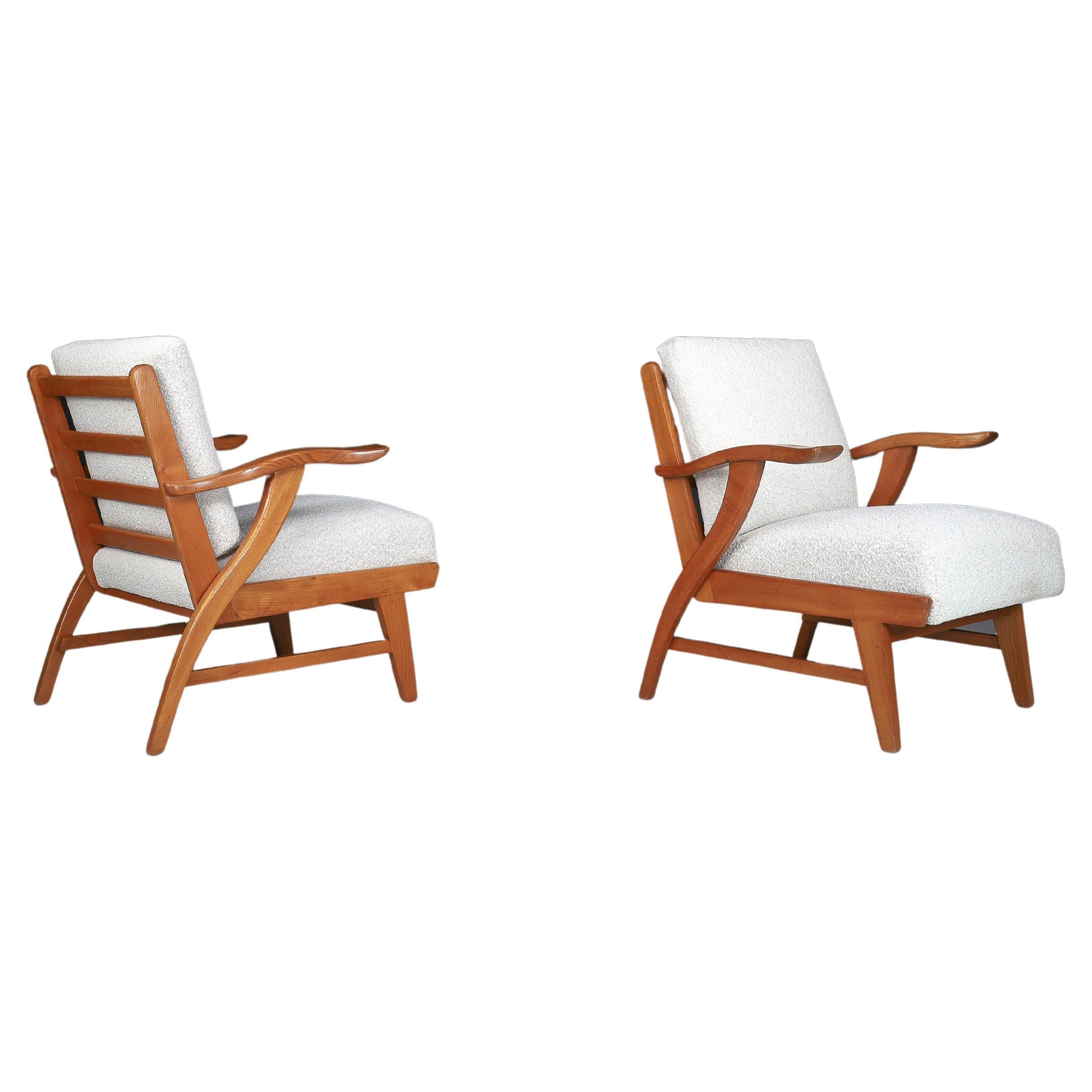 Reupholstered Lounge Chairs with Sculptural Ash Wooden Frame France, 1960s