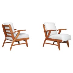 Vintage Reupholstered Lounge Chairs with Sculptural Ash Wooden Frame France, 1960s