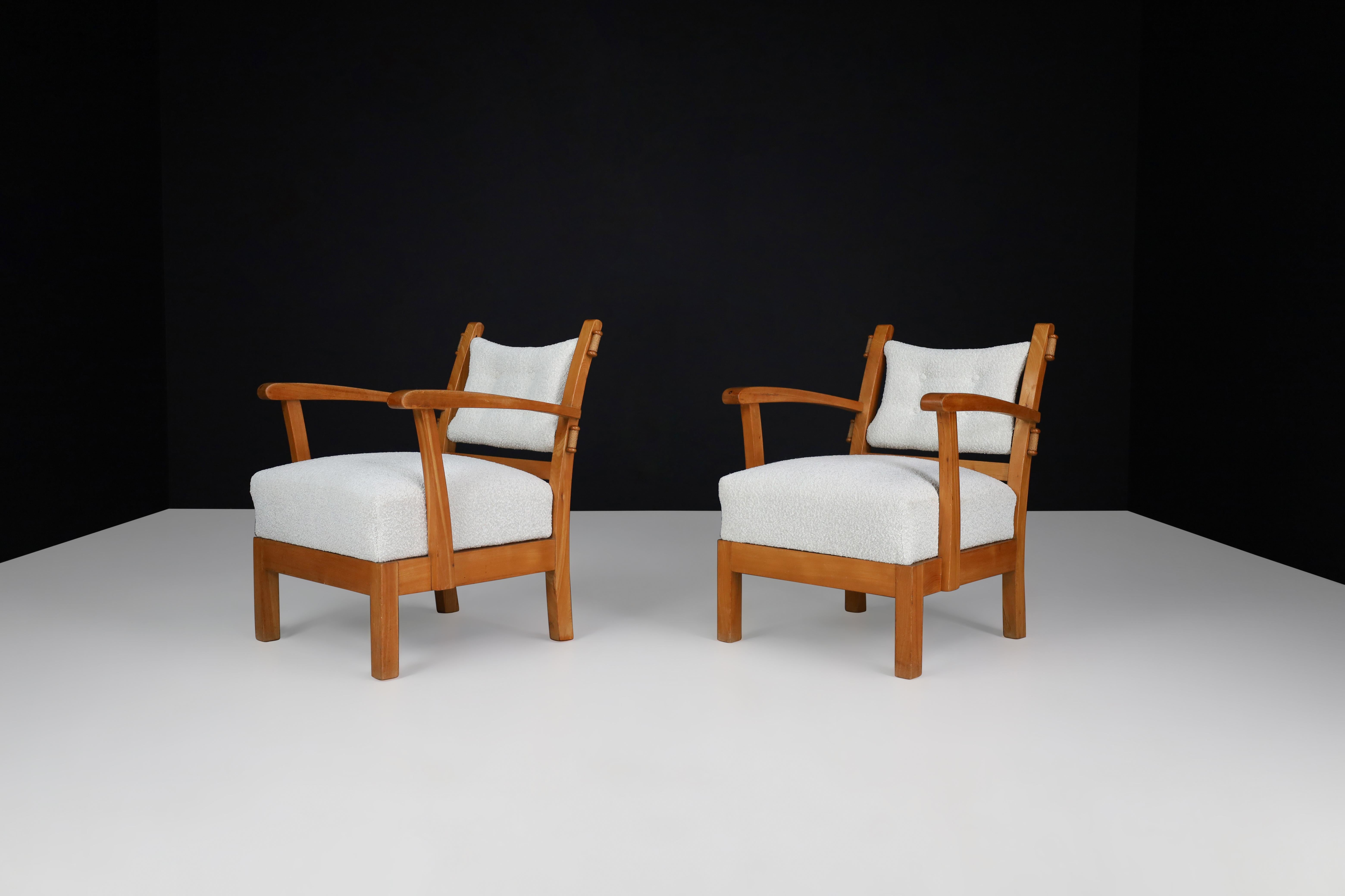 Reupholstered Lounge Chairs with Sculptural Elm Wooden Frame France, 1950s  For Sale 4