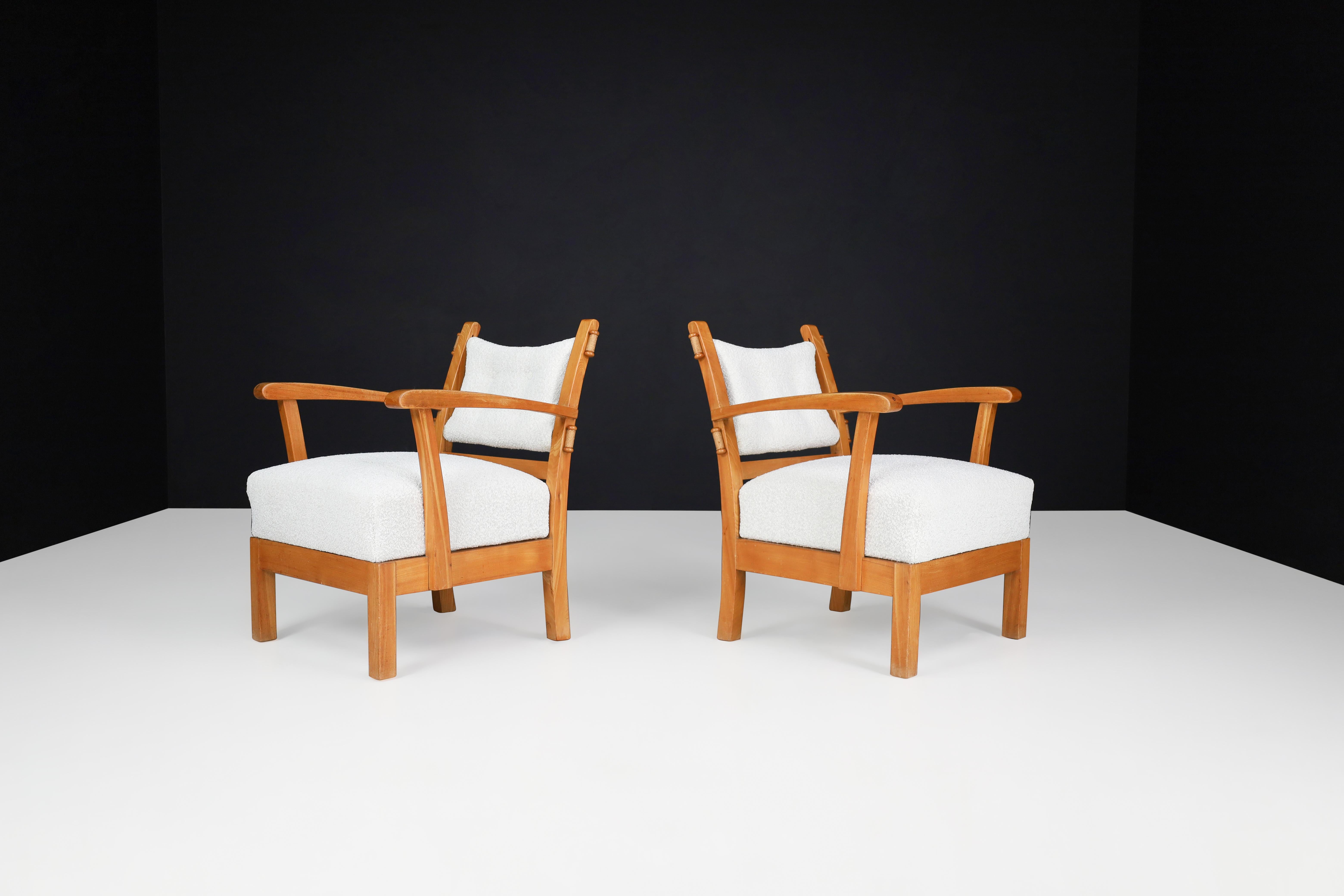 Mid-Century Modern Reupholstered Lounge Chairs with Sculptural Elm Wooden Frame France, 1950s  For Sale