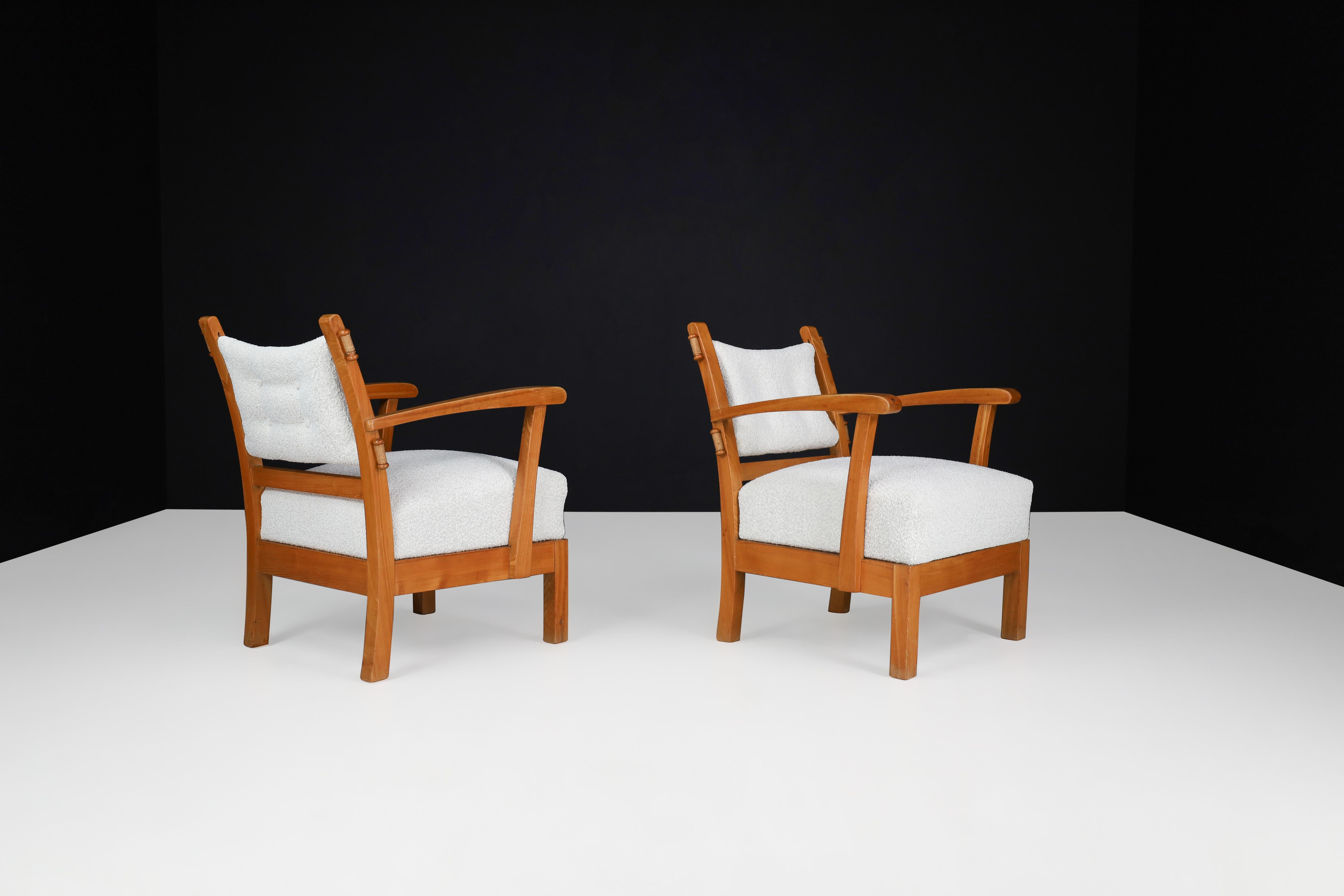 French Reupholstered Lounge Chairs with Sculptural Elm Wooden Frame France, 1950s  For Sale