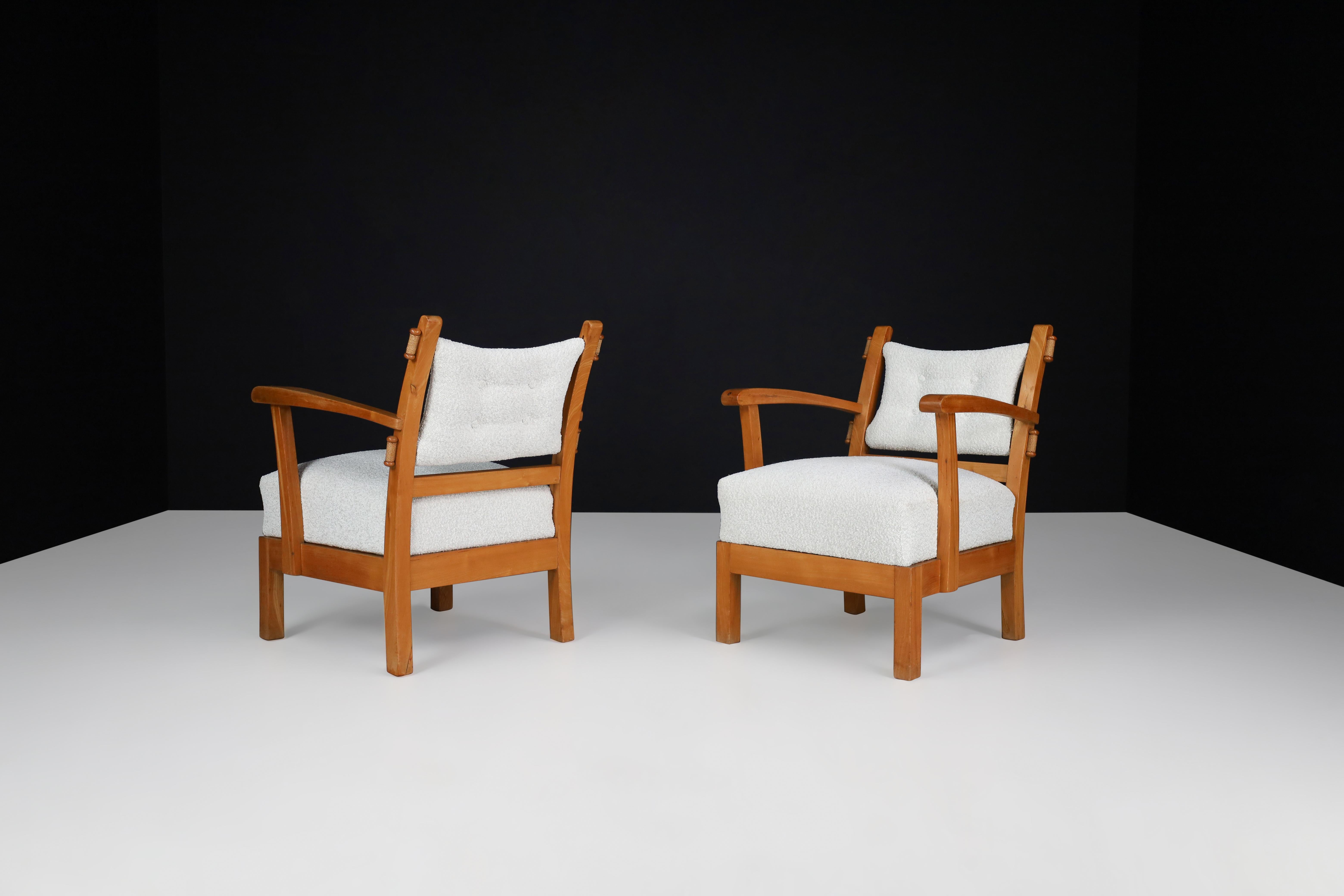 20th Century Reupholstered Lounge Chairs with Sculptural Elm Wooden Frame France, 1950s  For Sale