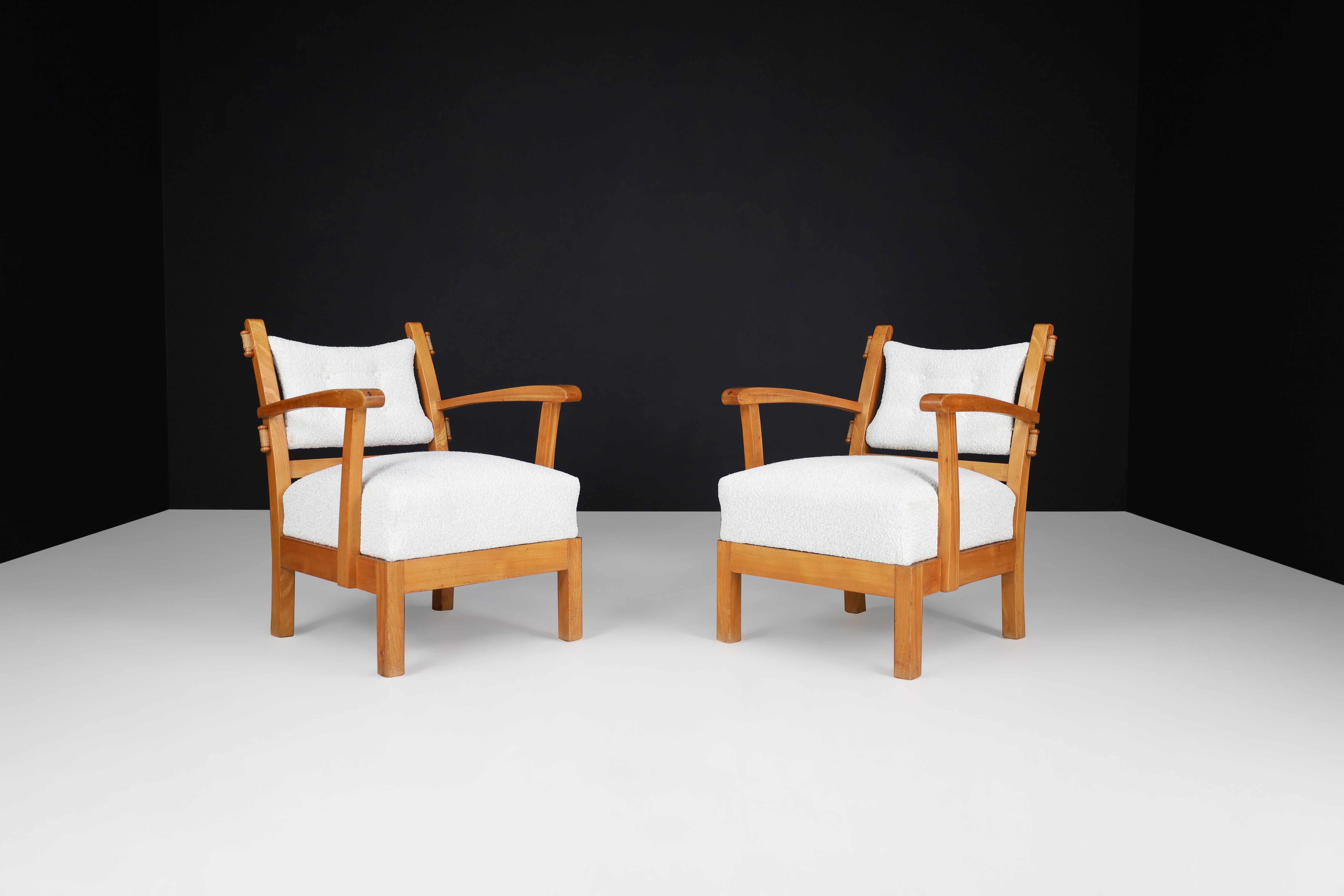 Reupholstered Lounge Chairs with Sculptural Elm Wooden Frame France, 1950s  For Sale 2