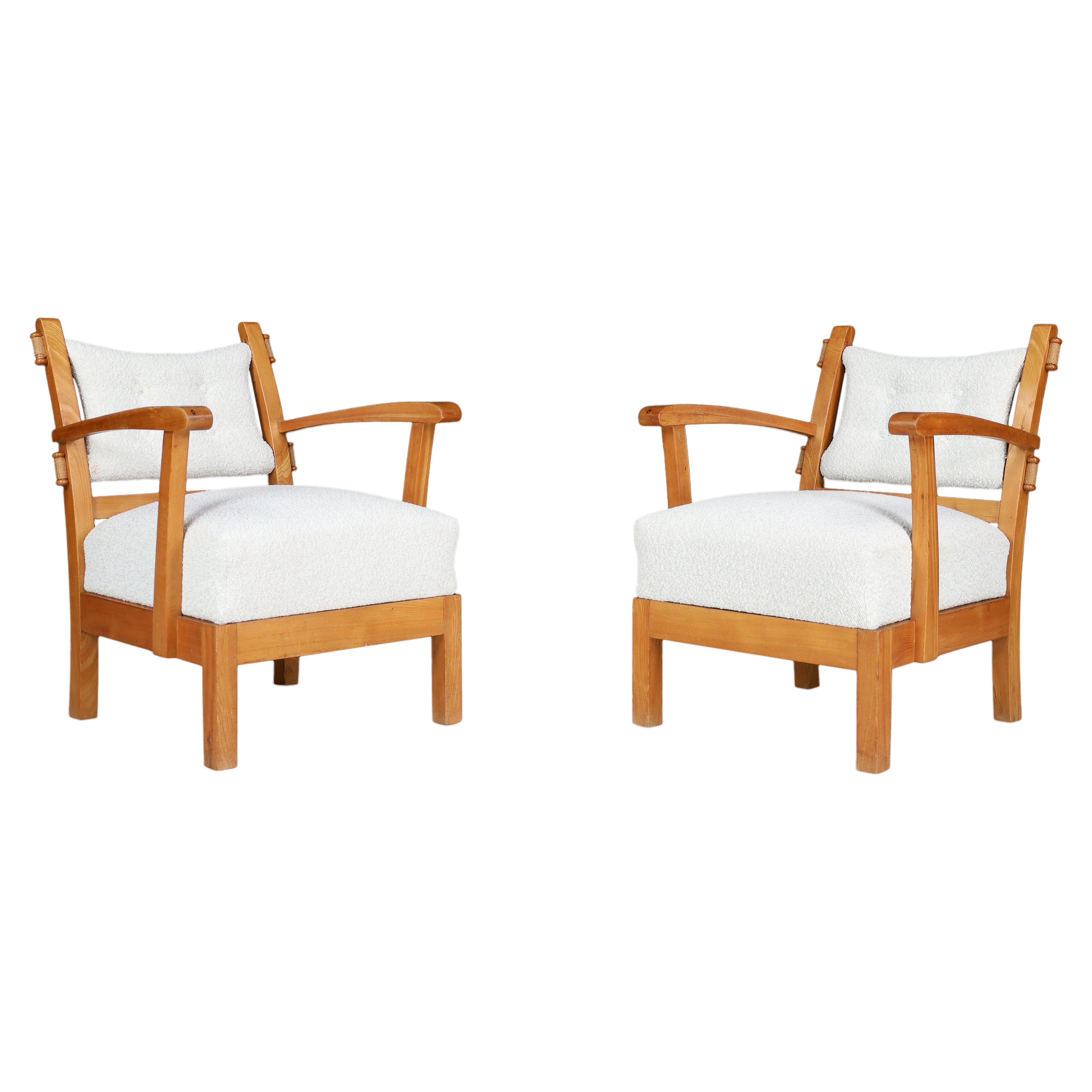 Reupholstered Lounge Chairs with Sculptural Elm Wooden Frame France, 1950s