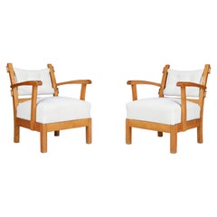 Reupholstered Lounge Chairs with Sculptural Elm Wooden Frame France, 1950s