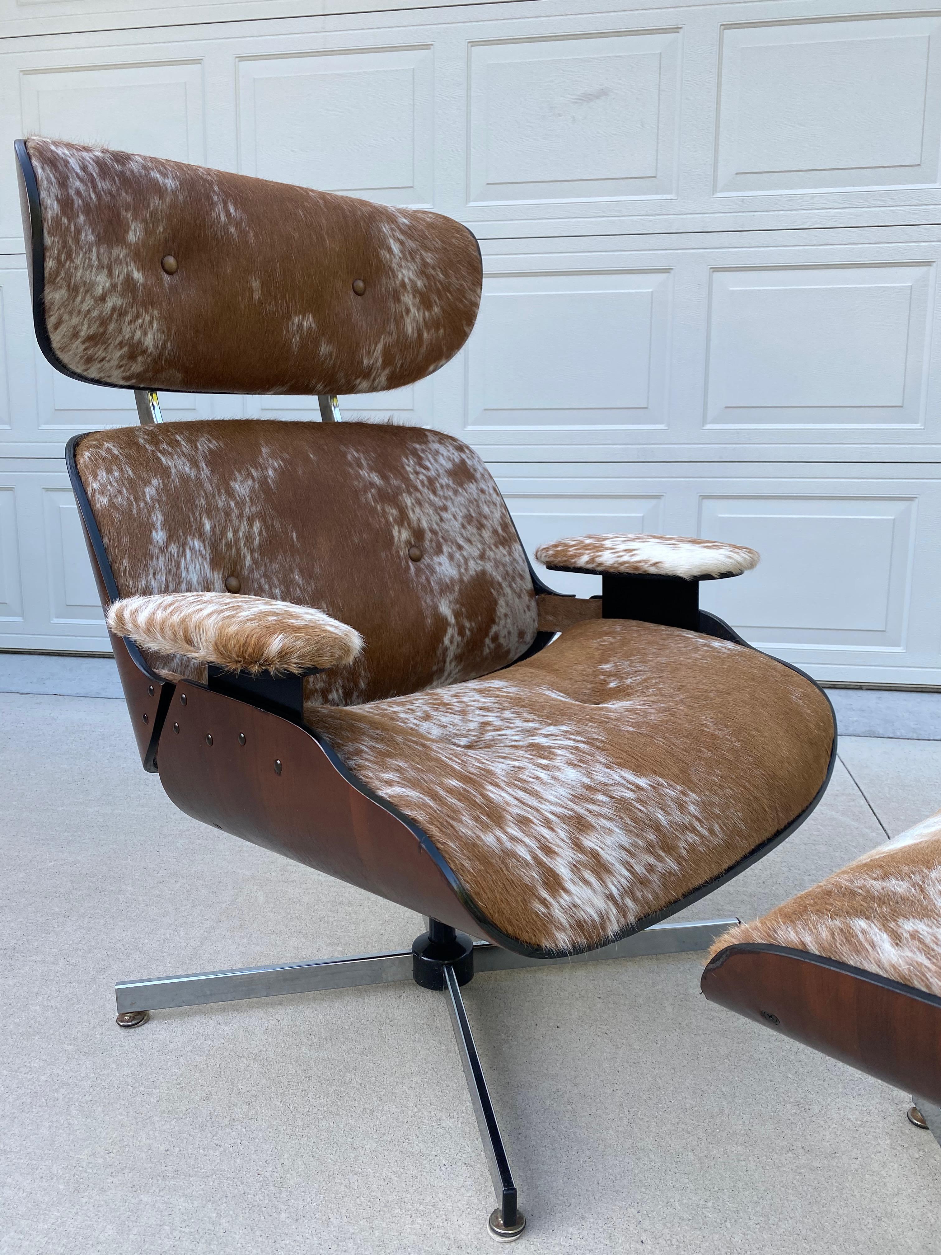 Mid-Century Modern Reupholstered Mcm Lounge Chair Set in Cowhide
