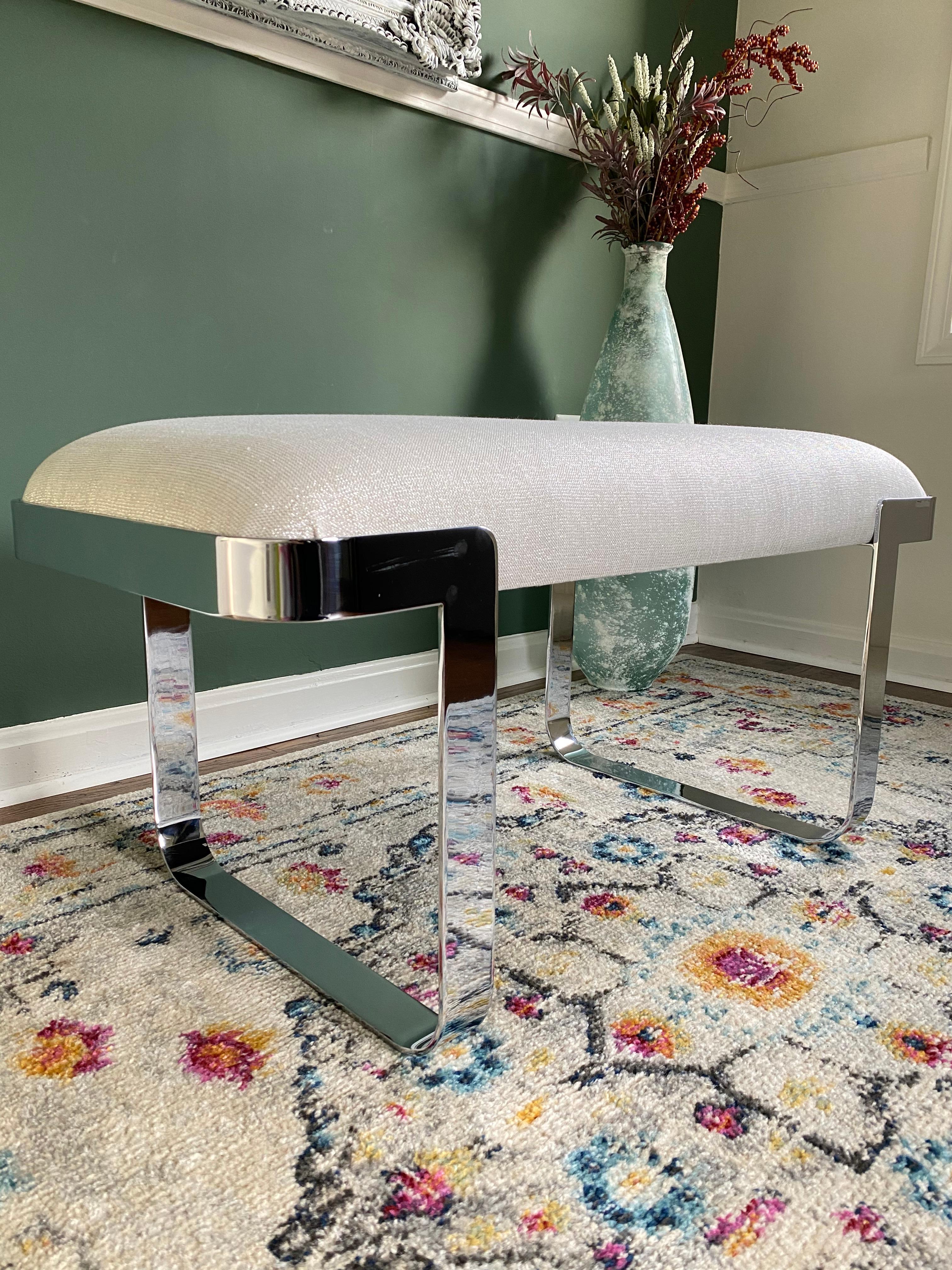 Fabric Reupholstered Mid-Century Modern Cantilever Chrome Bench For Sale