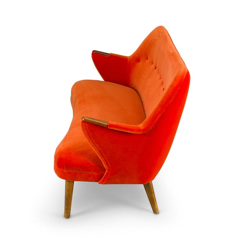 Reupholstered Midcentury Velvet Orange 3-Seat Sofa from CFC Silkeborg, 1960s For Sale 1