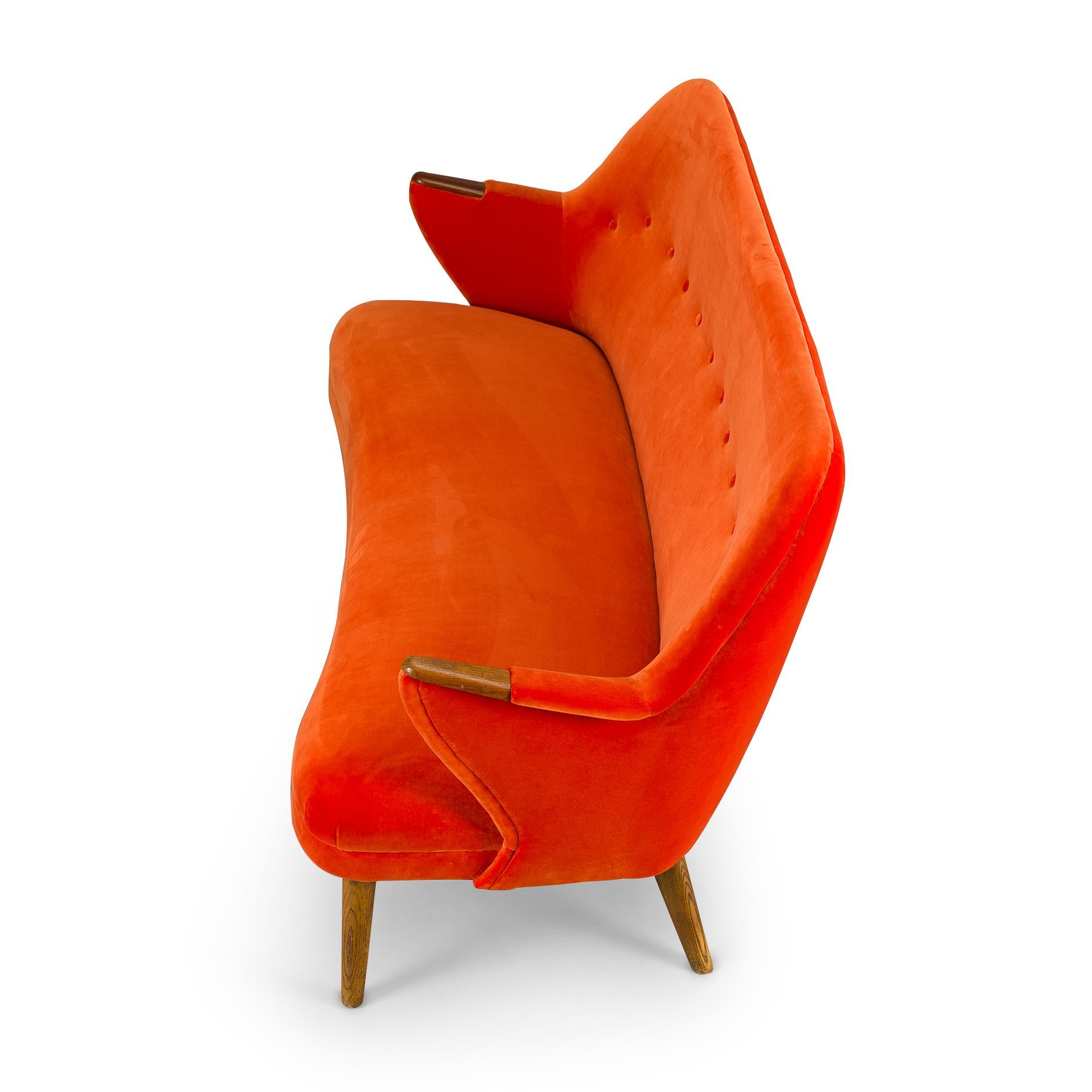 Reupholstered Midcentury Velvet Orange 3-Seat Sofa from CFC Silkeborg, 1960s In Good Condition For Sale In Elshout, NL
