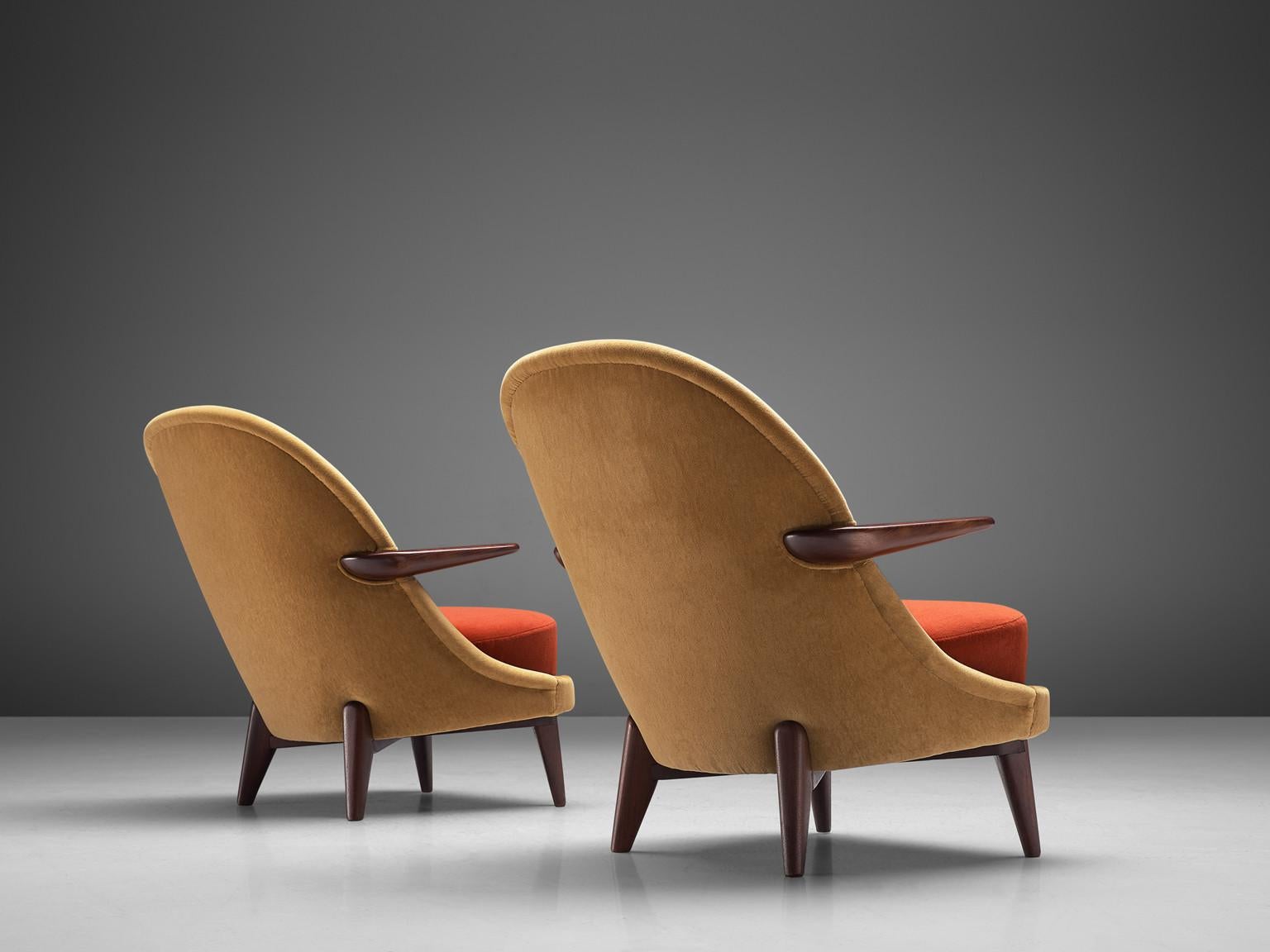 Fabric Reupholstered Pair of Danish Modern Lounge Chair in Ocher Yellow and Red Velvet For Sale