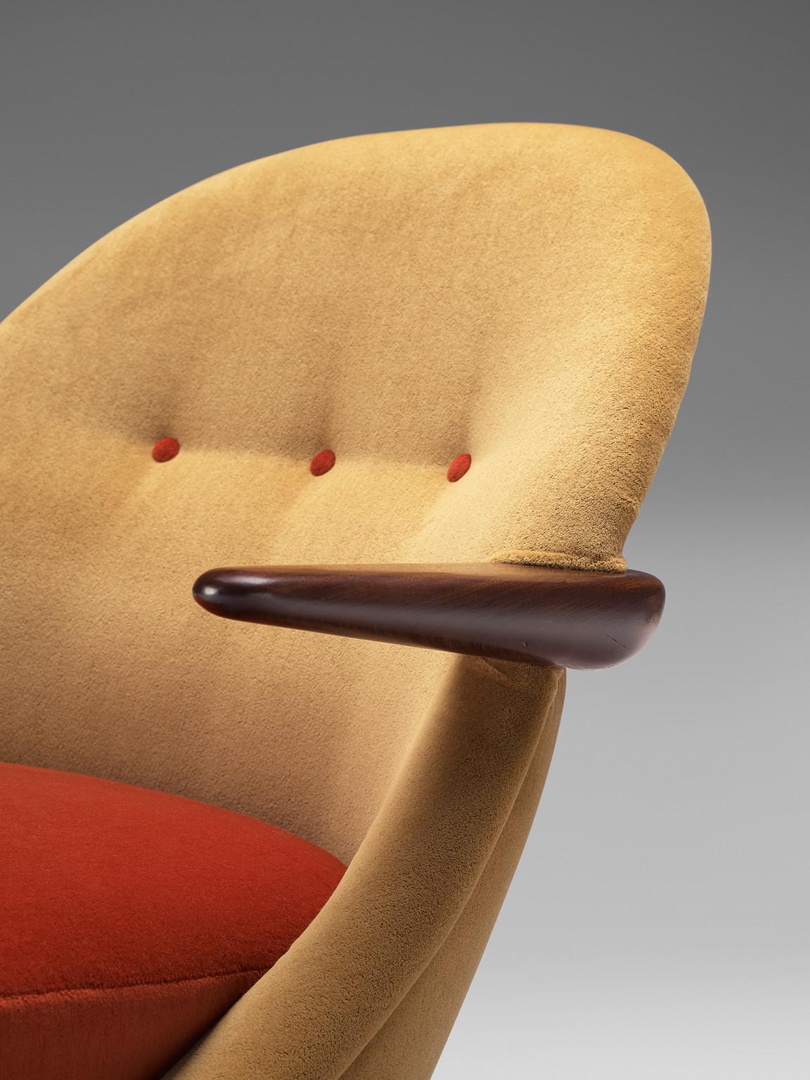 Reupholstered Pair of Danish Modern Lounge Chair in Ocher Yellow and Red Velvet For Sale 1